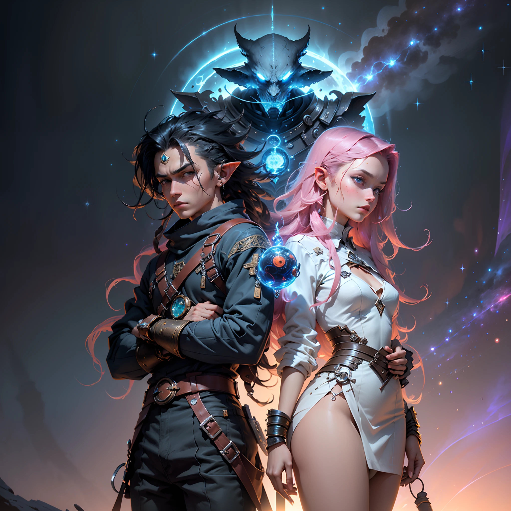 ((Best quality)), ((masterpiece)), (highly detailed:1.3), 3D, In a distant future where the boundaries between science fiction and fantasy have dissolved, the world is a tapestry of awe-inspiring wonders. Enter a universe where magic and technology coexist in harmony, shaping the destiny of civilizations across vast reaches of space.At the heart of this realm lies the Celestial Nexus, an intergalactic hub of mystical energies and technological marvels. Here, arcane knowledge intertwines with cutting-edge science, giving rise to a society where spaceships are imbued with the power of ancient spells, and technology is augmented by the mystic arts.Embark on a grand odyssey as a young explorer, destined to unravel the secrets of the Celestial Nexus. As you traverse the uncharted realms of the cosmos, encounter diverse civilizations teeming with beings who possess extraordinary abilities. From the ethereal Elven Spires, where the art of interdimensional travel is perfected, to the cybernetic enclaves of the Android Conglomerate, witness the tapestry of life as magic and technology intertwine.Unleash your latent powers as you become attuned to the energies that flow through the Nexus. Harness the ancient incantations of forgotten sorceries to propel your starship across the vast expanse of the cosmos. Engage in epic battles against cosmic abominations and interstellar tyrants, wielding enchanted weapons infused with futuristic enhancements.As you delve deeper into the enigmatic realms of the Celestial Nexus, uncover the origin of this harmonious fusion of magic and technology. Discover the ancient prophecies that foretell a cataclysmic event threatening to tear apart this delicate balance. Unite with a band of extraordinary beings, each possessing their own blend of magical aptitude and technological expertise, to embark on a perilous quest to save the Nexus from imminent destruction.In this epic saga, your choices will shape the fate of worlds, as the boundaries between
