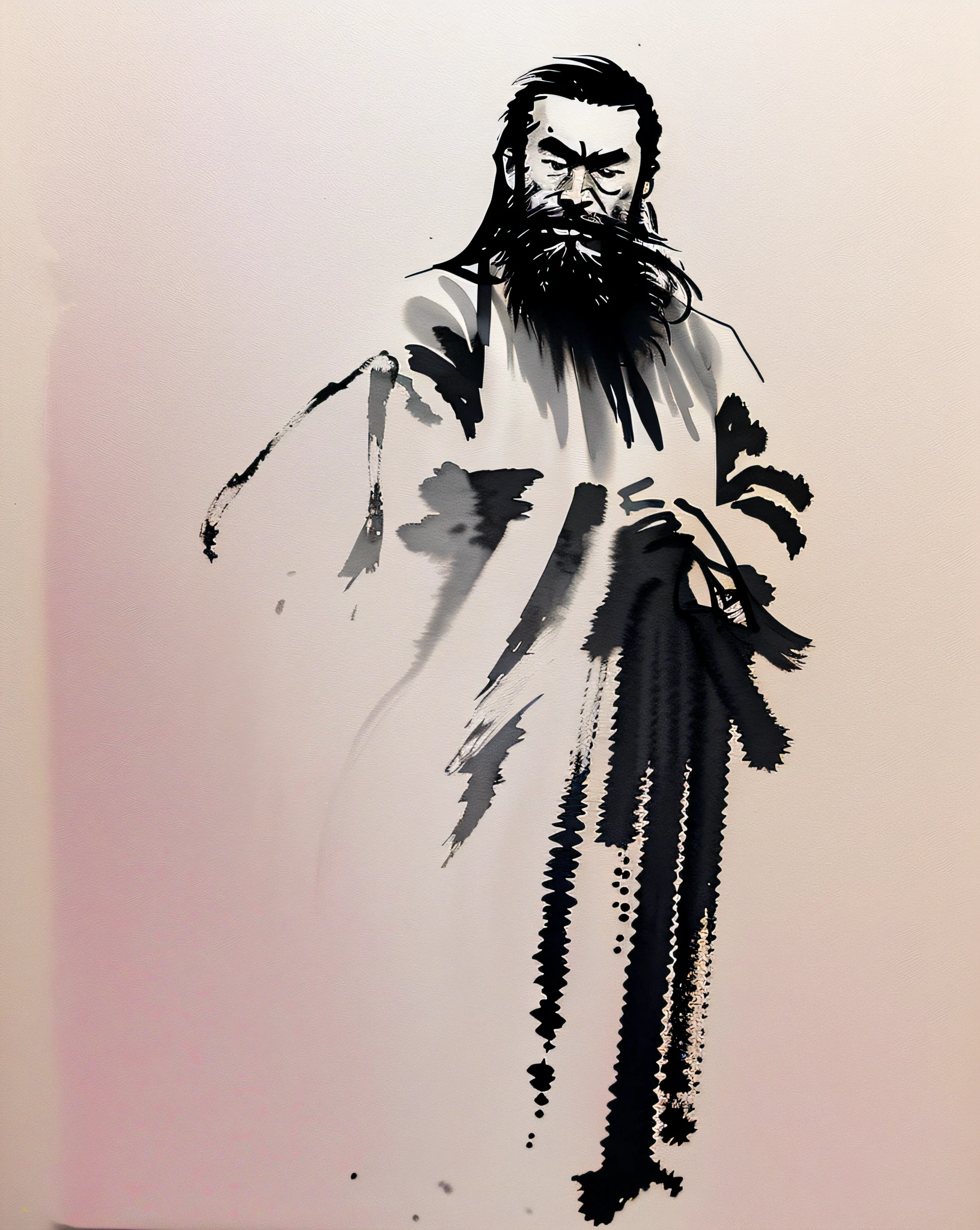 zydink, monochrome, ink sketch, 1boy, asian (middle age man), (long beard, facial hair), fighting stance, looking at viewer, long hair, floating hair, hanfu, chinese clothes, long sleeves, (abstract ink splash:1.2), white background