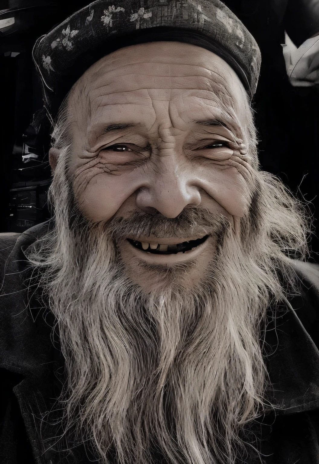 a close up of a man with a long beard and a hat, Wise old man, An old man, Oriental face, old man portrait, Smiling man, of an old man, portrait photo of an old man, an 80 year old man, while smiling for a photograph, Laughing man, a old man, mad smile, he is about 8 0 years old