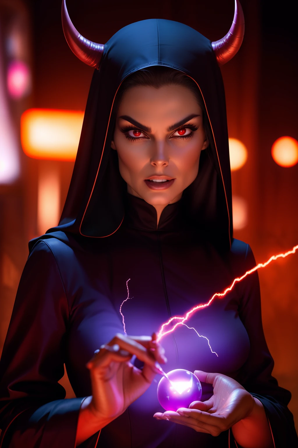Teri Hatcher : The evil nun, Demon horn on the head, Demon wings in the back , an evil red glow emanating from her, His hands preparing a sphere of purple energy, Throwing lightning in ruins Post-apocalyptic city, diabolique, insidieux, Context of the Satanic Church