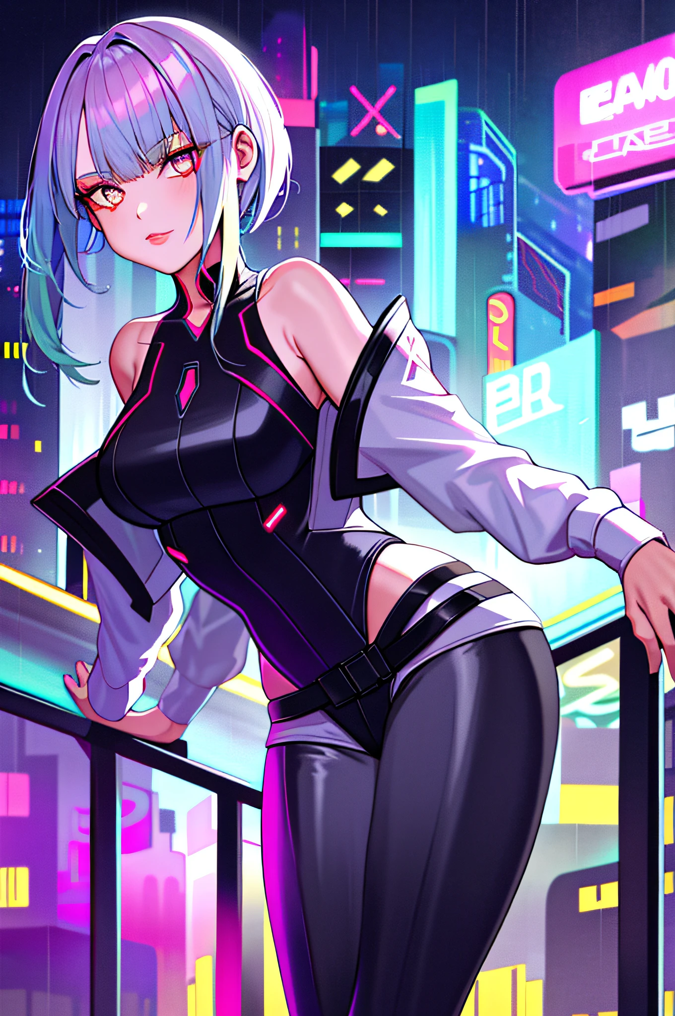 lucy \(Cyberpunk\), 1girll, hair scrunchie, hime-cut, Silver hair, colored tips, full moon, With gray eyes, Jacket, Long sleeves, view the viewer, Medium hair, Colorful hair, Bangs separated, lips parted, Pink-haired, Portrait, Red eyeliner, Redlip, Solo, White jacket, cyber punk perssonage\(Series\), Rainy night in neon-lit cyberpunk city,Two-dimensional,cyberpunk edgerunners