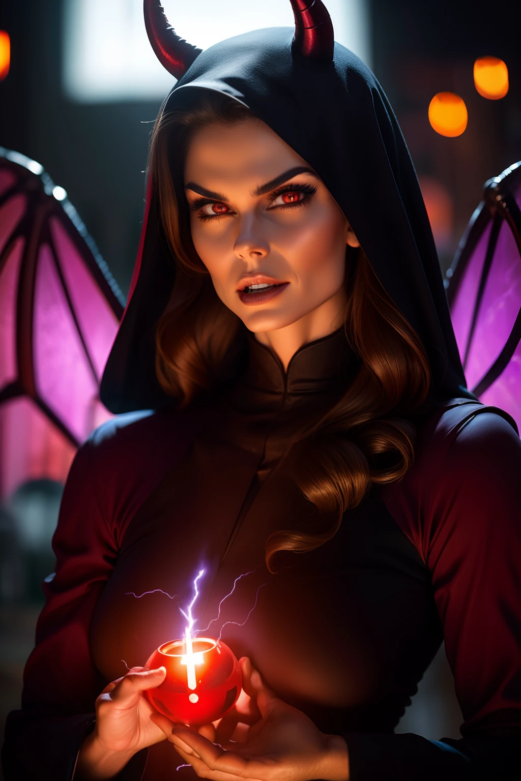 Teri Hatcher : The evil nun, Demon horn on the head, Demon wings in the back , an evil red glow emanating from her, His hands preparing a sphere of purple energy, Throwing lightning in ruins Post-apocalyptic city, diabolique, insidieux, Context of the Satanic Church