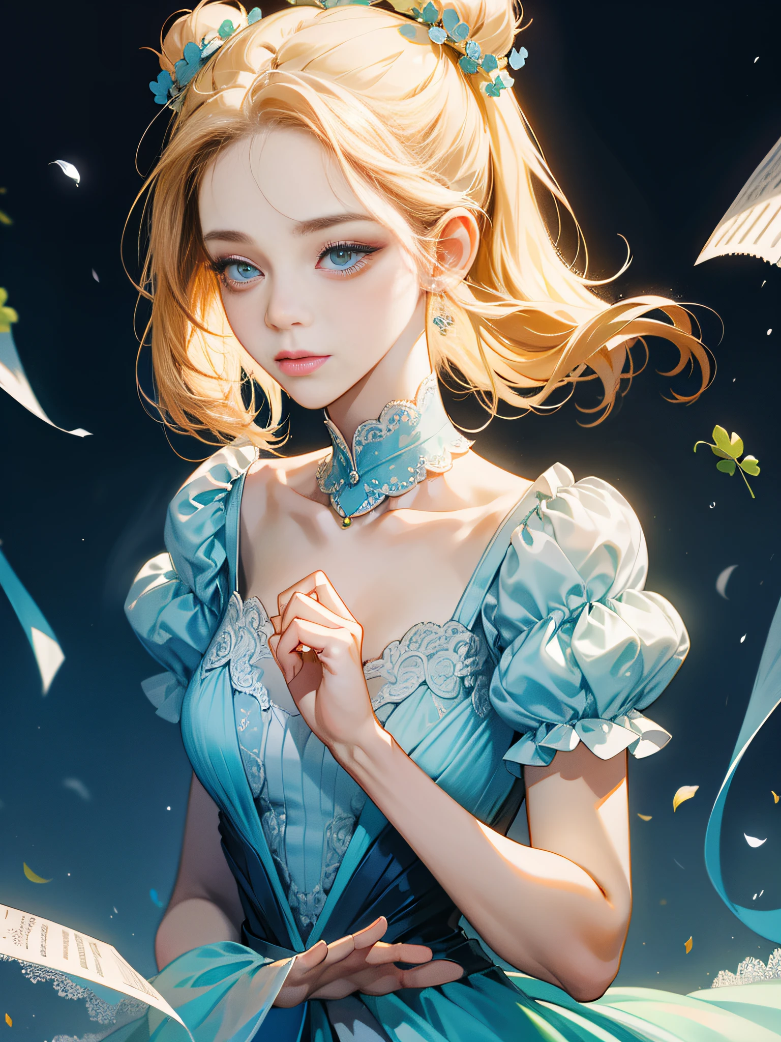 A lovely beautiful girl,lovely and delicate,Peerless beauty,Delicate hair accessories,pitying,(messy hair),Costume in lace,Supple skin,Fashionab,A delicate painting,Clover hairpins,Blue,Ultra-high image quality,8K,depth of fields,(Macro lens),Ambient lighting,high light,Upper body animation style,Comics,High quality above the waist