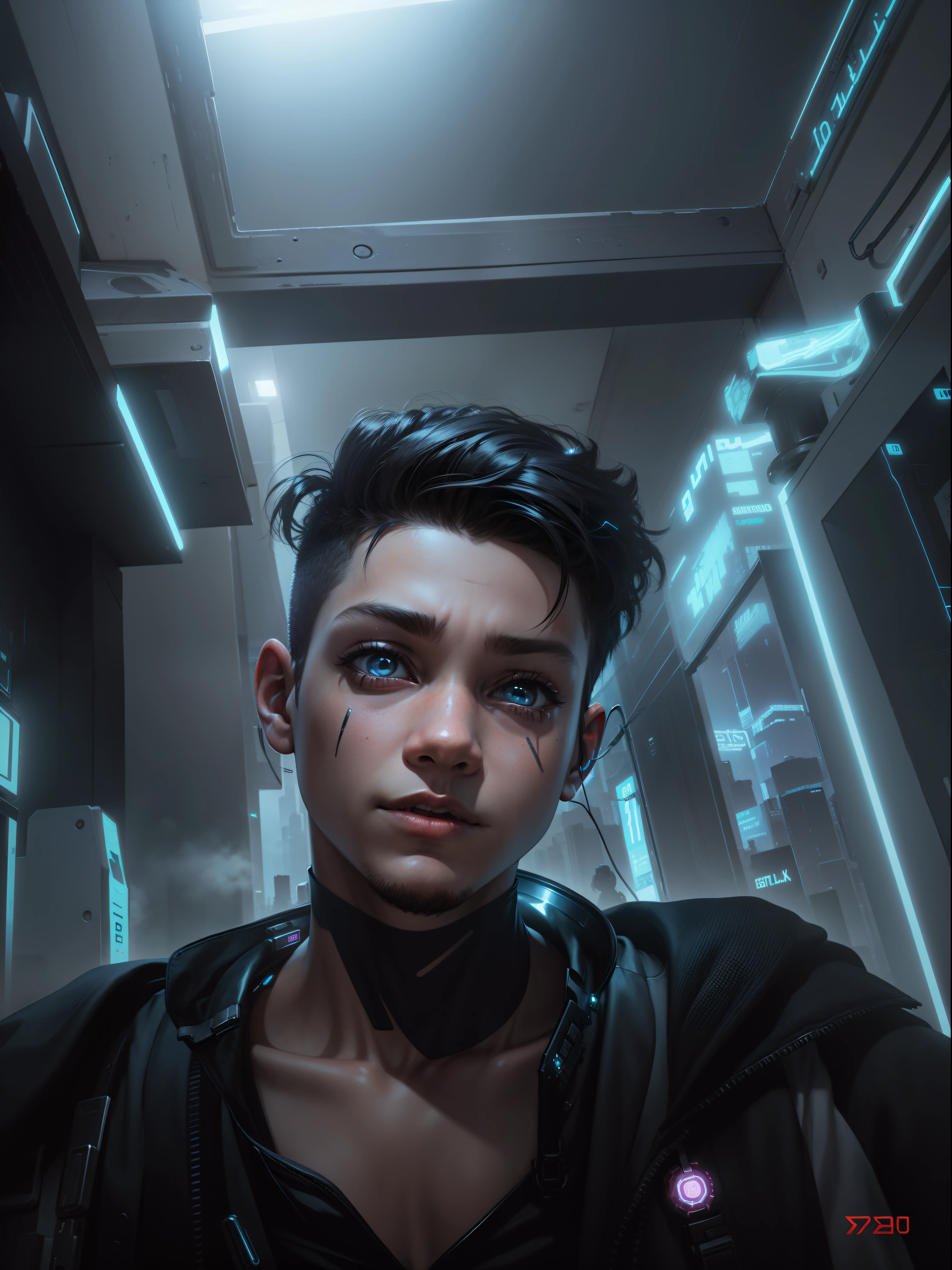 Change background cyberpunk little boy, realistic face, 8k, ultra realistic