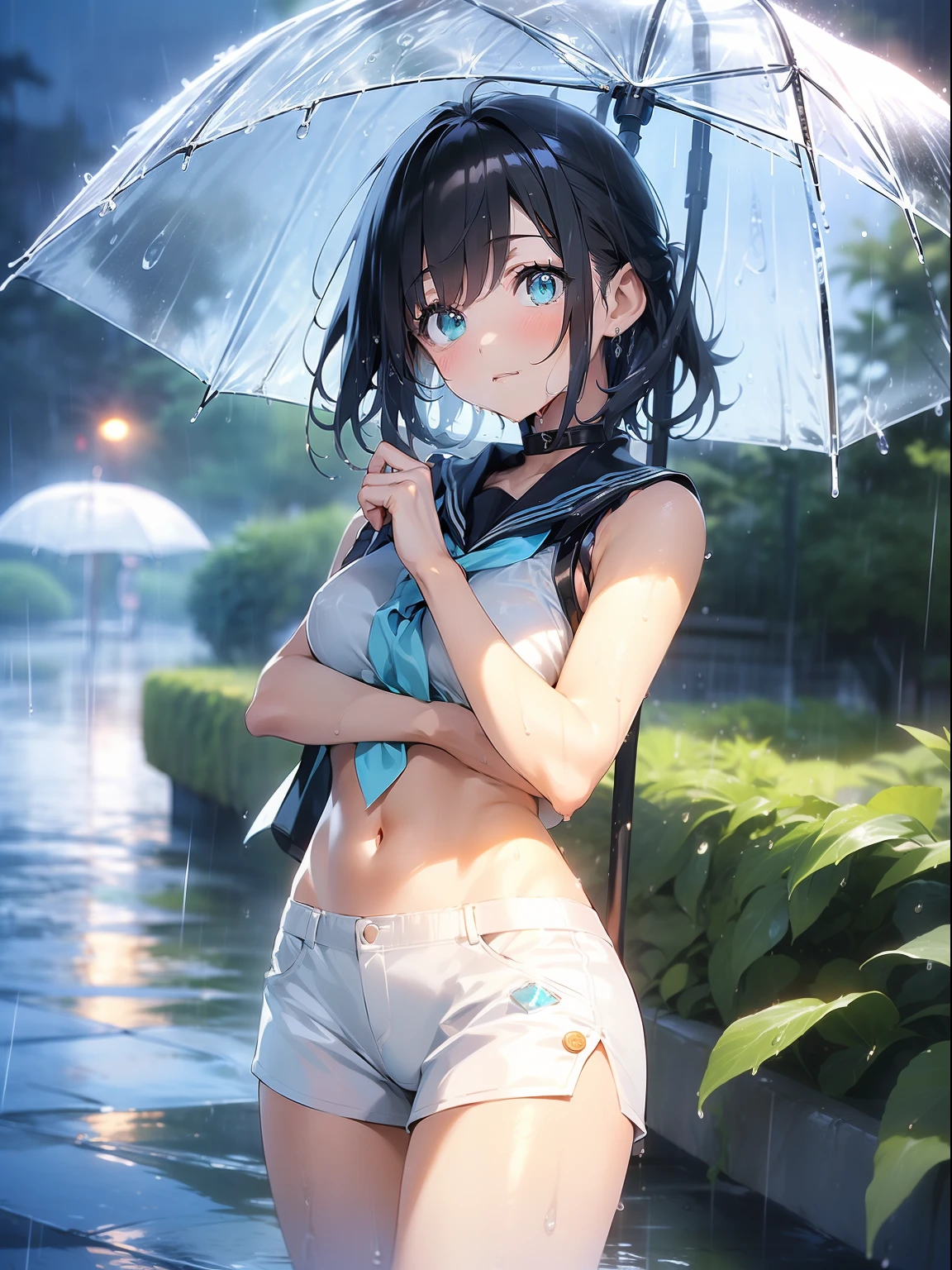 (masutepiece, Best Quality:1.37), High resolution, Ultra-detailed, ultra-sharp, 1girl in, girl on top,  (((1girl in:1.37, Solo))), (Beautiful Anime Face, Cute face, Detailed face), ( Black hair, Short hair), (((Detailed beautiful cyan eyes))), (((rainy))), (((Wet in the rain))),  a sailor suit, White blouses, (((Sleeveless))), a navel, ( cowboy  shot), a park, a miniskirt, White underwear,