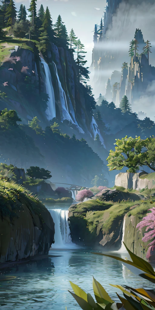 Analog style,ChromaV5,nvinkpunk,(extremely detailed CG unity 8k wallpaper),An image of a majestic river, trees on the sides, tiny waterfall, intense fog ,award winning photography, Chromatic Aberration, Detailed , HDR, Bloom, style by Monet, Pissarro, and Sisley ,trending on ArtStation, trending on CGSociety, art by midjourney