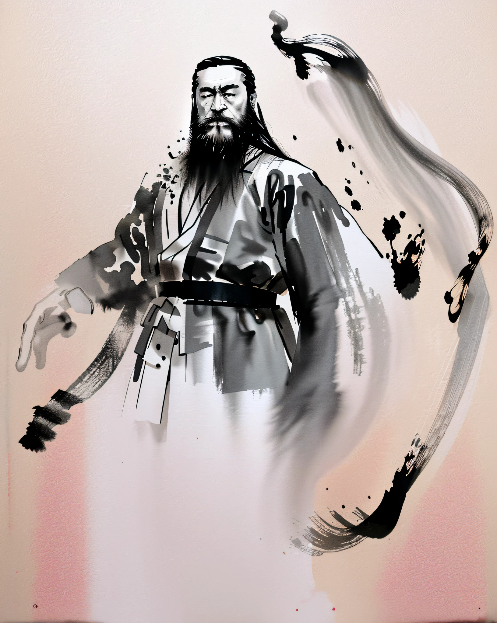 zydink, monochrome, ink sketch, 1boy, asian (middle age man), (long beard, facial hair), fighting stance, looking at viewer, long hair, floating hair, hanfu, chinese clothes, long sleeves, (abstract ink splash:1.2), white background