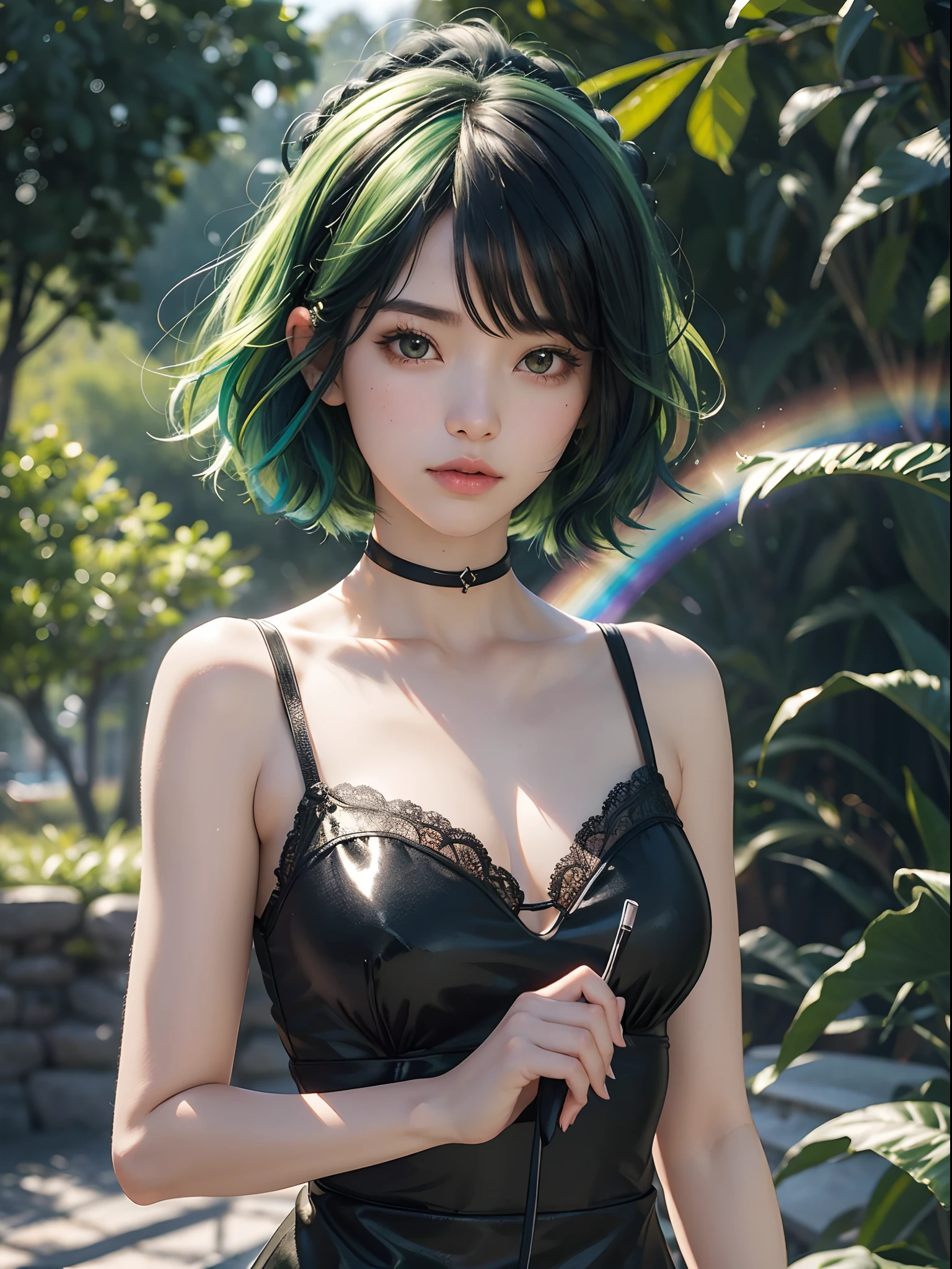 finedetail , Depth of field , (Masterpiece)Best quality , intricately details ,(Masterpiece , Best quality , 8K , CG)lgirl , Short hair , (Black hair and green hair),Rainbow color hair colorful hair,Gradient hair color,(Clear plastic sheath:1.2),Black T-shirt , (simplebackground:1.2) , Shiny , Light granular nevi under the eyes , hair bobbles , Big foam ,鎖骨 , Hair ribbon , Light particles .sunflare