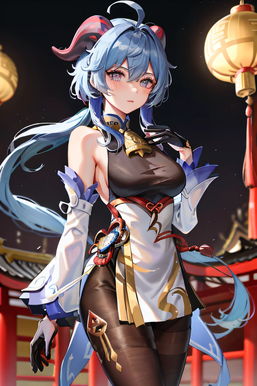 ganyu\(genshin impact\), 1girl, ahoge, architecture, bangs, bare shoulders, bell, black gloves, black tights, ((blue hair), blush, breasts, chinese knot, sleeve, East Asian architecture, flower knot, glove, horn, long hair, looking at the audience, medium chest, neckbell, night, outdoor, pantyhose, purple eyes, sideburns, solo, tassels, white sleeves, ((masterpiece))