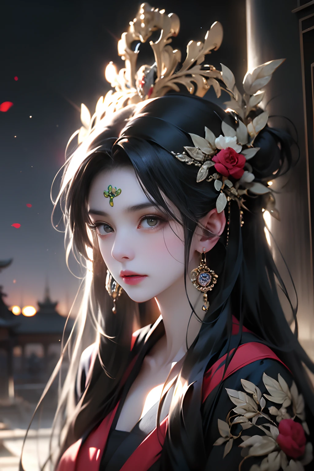 official art, Unity 8k wallpaper, ultra-detailed, beautiful, beautiful, masterpiece, best quality, darkness, mystical, romanticism, horror, literature, art, fashion, tang dynasty era, decoration, intricate, ironwork, embroidery, contemplation, emotional depth, supernatural, black hanfu, black tulle, 1 girl, mask, high priest, solo, black cat, cat, bust composition, movie lighting, dynamic perspective, sexy, full of temptation, ancient Chinese architectural background, temple, altar, black fog,