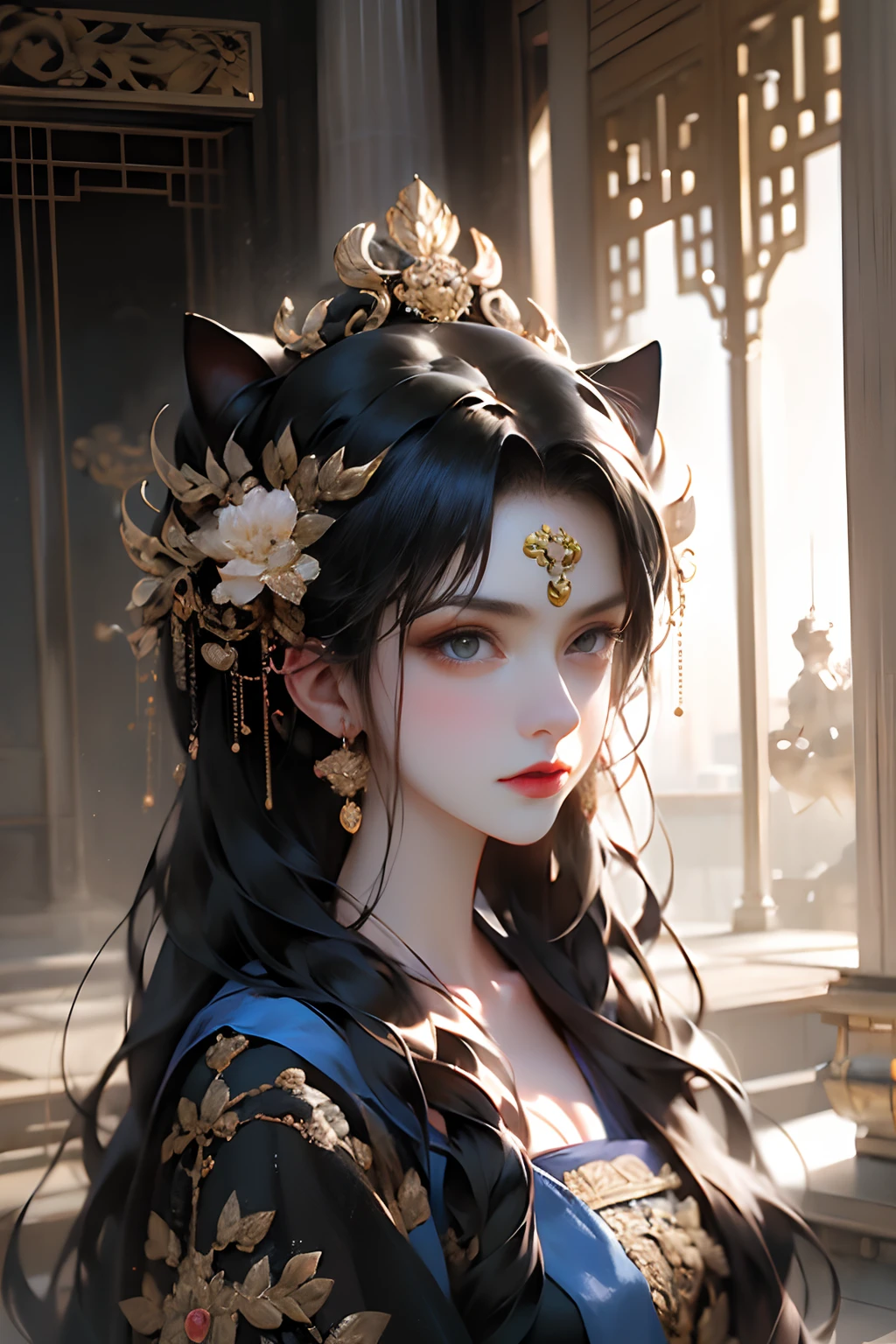 official art, Unity 8k wallpaper, ultra-detailed, beautiful, beautiful, masterpiece, best quality, darkness, mystical, romanticism, horror, literature, art, fashion, tang dynasty era, decoration, intricate, ironwork, embroidery, contemplation, emotional depth, supernatural, black hanfu, black tulle, 1 girl, mask, high priest, solo, black cat, cat, bust composition, movie lighting, dynamic perspective, sexy, full of temptation, ancient Chinese architectural background, temple, altar, black fog,