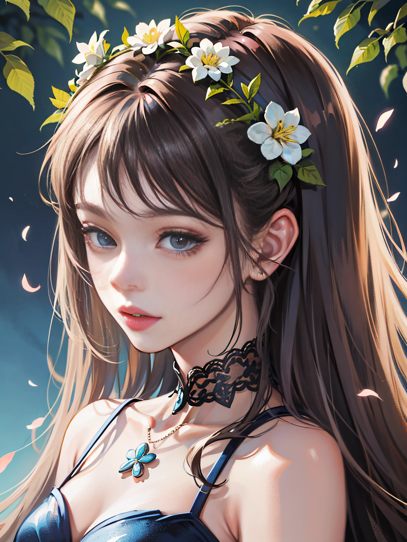 A lovely beautiful girl，lovely and delicate，Peerless beauty，Delicate hair accessories，pitying，（messy  hair），Costume in lace，Supple skin，Fashionab，A delicate painting，Clover hairpins，Blue，Ultra-high image quality，8K，depth of fields，（Macro lens），Ambient lighting，high light，Upper body animation style,Comics,High quality above the waist