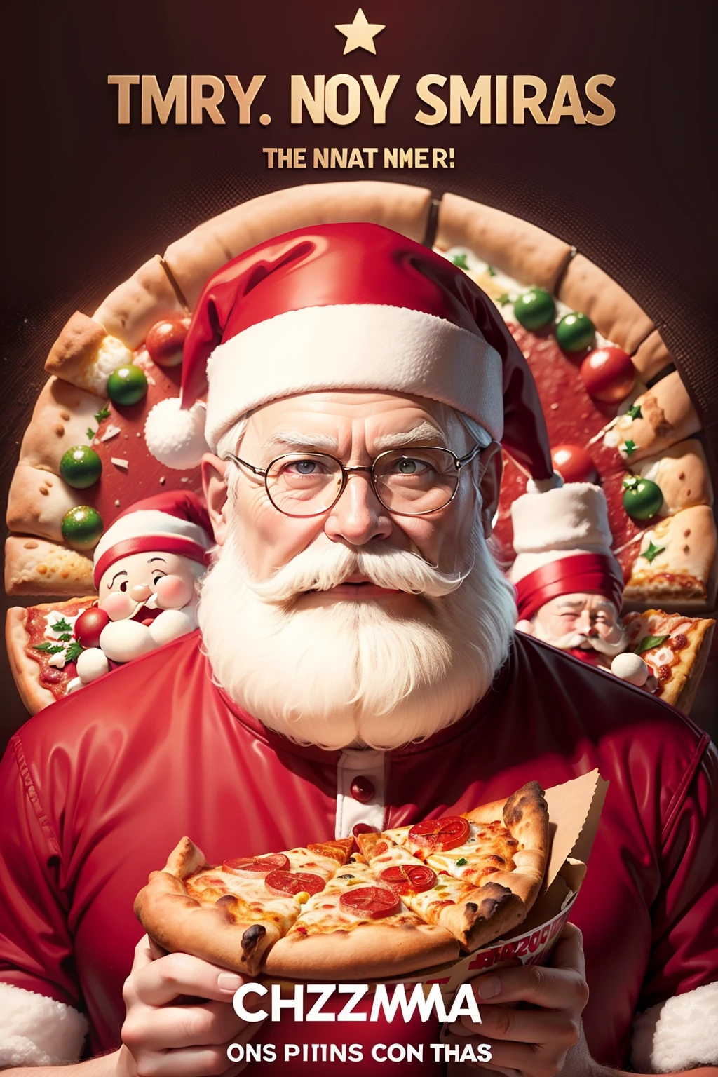 Pizza Hut Christmas themed poster,It embodies the joyous atmosphere of Christmas,Express the careful planning and arrangement of the restaurant,The picture is complete,The theme is clear,Color relationships match well,,santa,Warm family,The character's face is intact,high definition detail