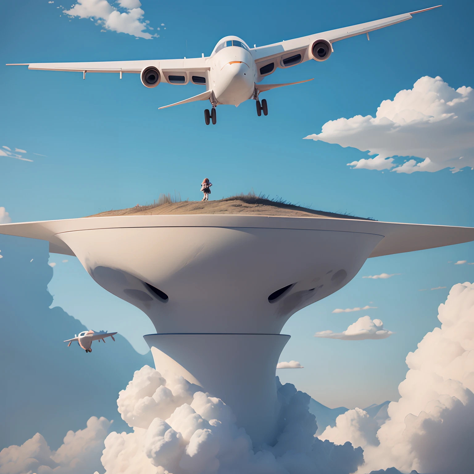 (１girl with)、Flying Aircraft Type Girls、wingspan、Clouds、​masterpiece、top-quality、Composition with depth、Deep contrast、