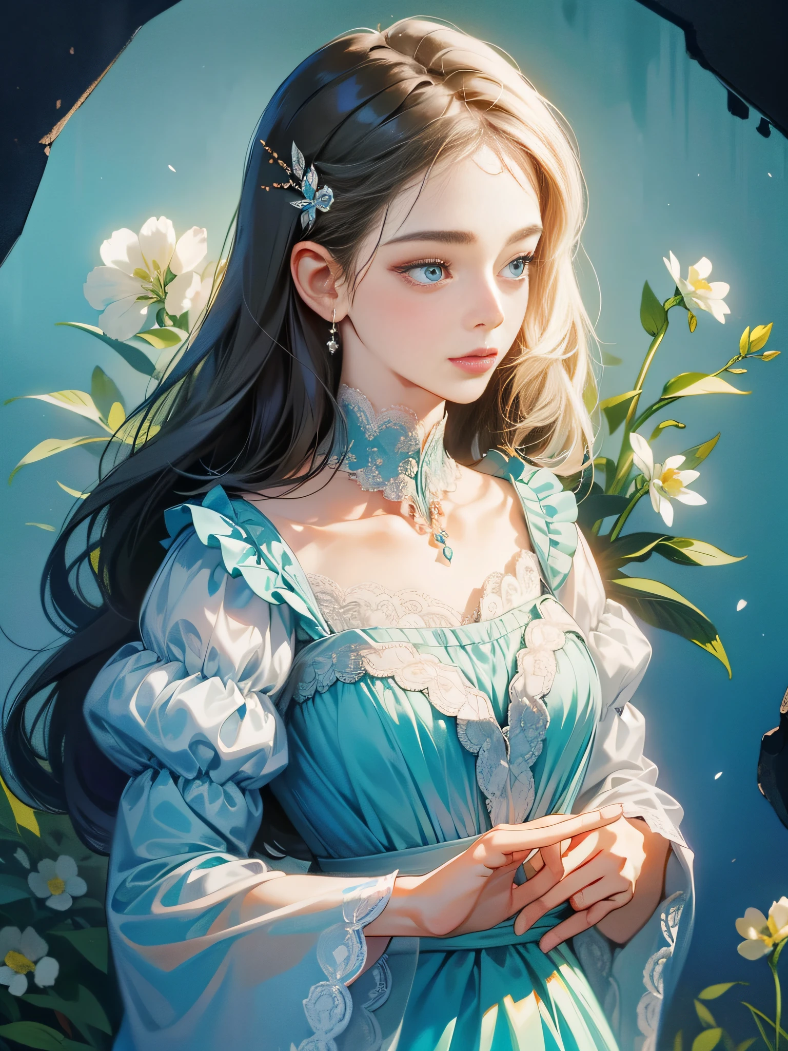 A lovely beautiful girl,lovely and delicate,Peerless beauty,Delicate hair accessories,pitying,(messy hair),Costume in lace,Supple skin,Fashionab,A delicate painting,Clover hairpins,Blue,Ultra-high image quality,8K,depth of fields,(Macro lens),Ambient lighting,high light,Upper body animation style,Comics,High quality above the waist