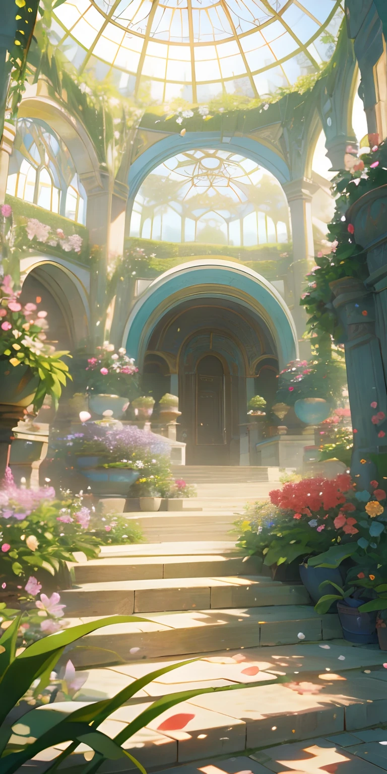((top quality), masterpiece,(ultra-realistic)), indoor botanical garden, dome, lots of flowers, background landscape is a garden with petals and papas flying around. --v6