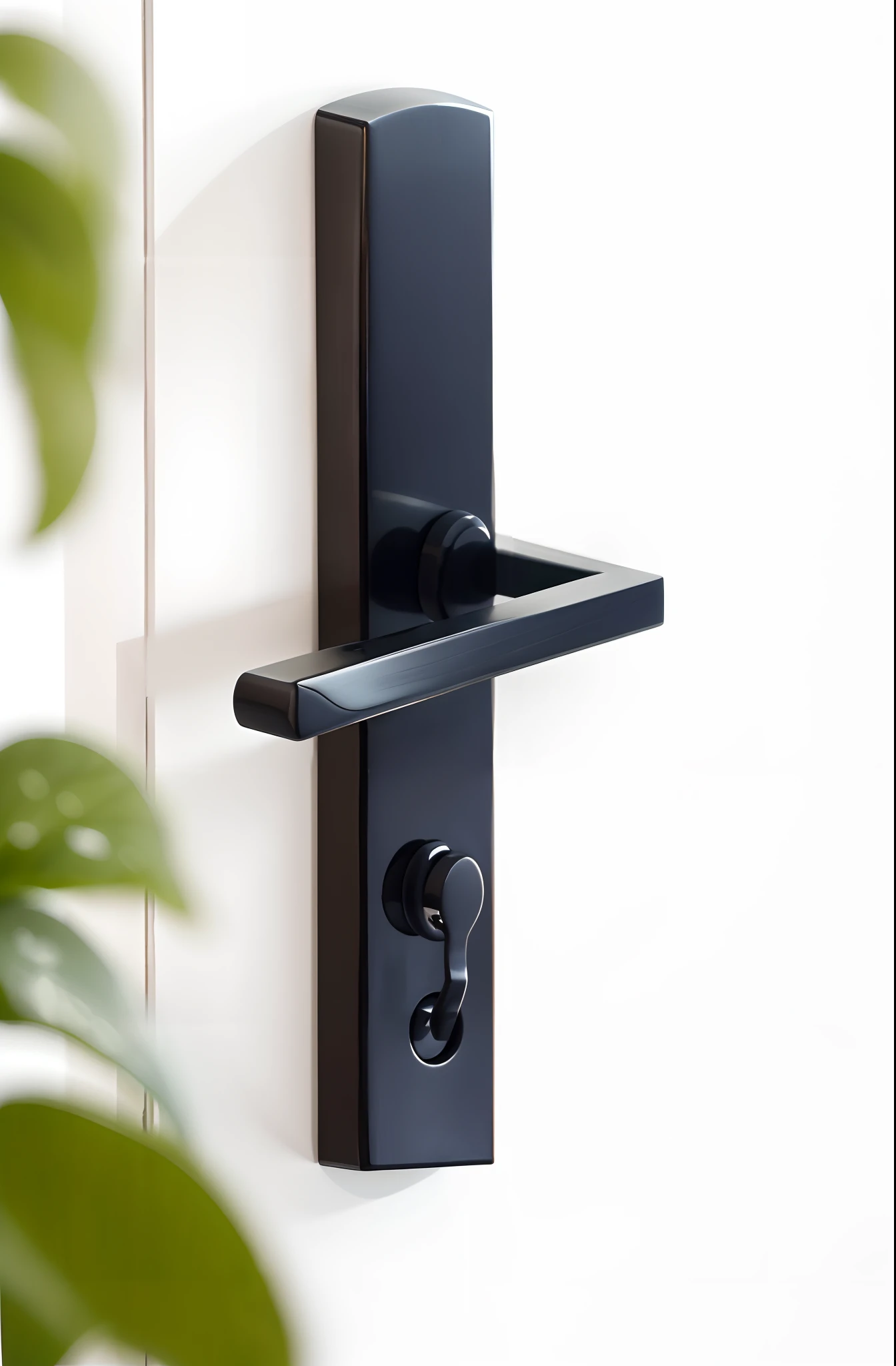 plants in foreground,Watch a close-up of the doorknob on the door, exquisite handle, Modern details, Metal credit, Metal key for the door, medium close up shot, high angle close up shot, levers, blurred detail, Hand on the doorknob, Door, Meticulous detail, detailed zoom photo, smooth detailed, exquisite and smooth details, crisp smooth clean lines