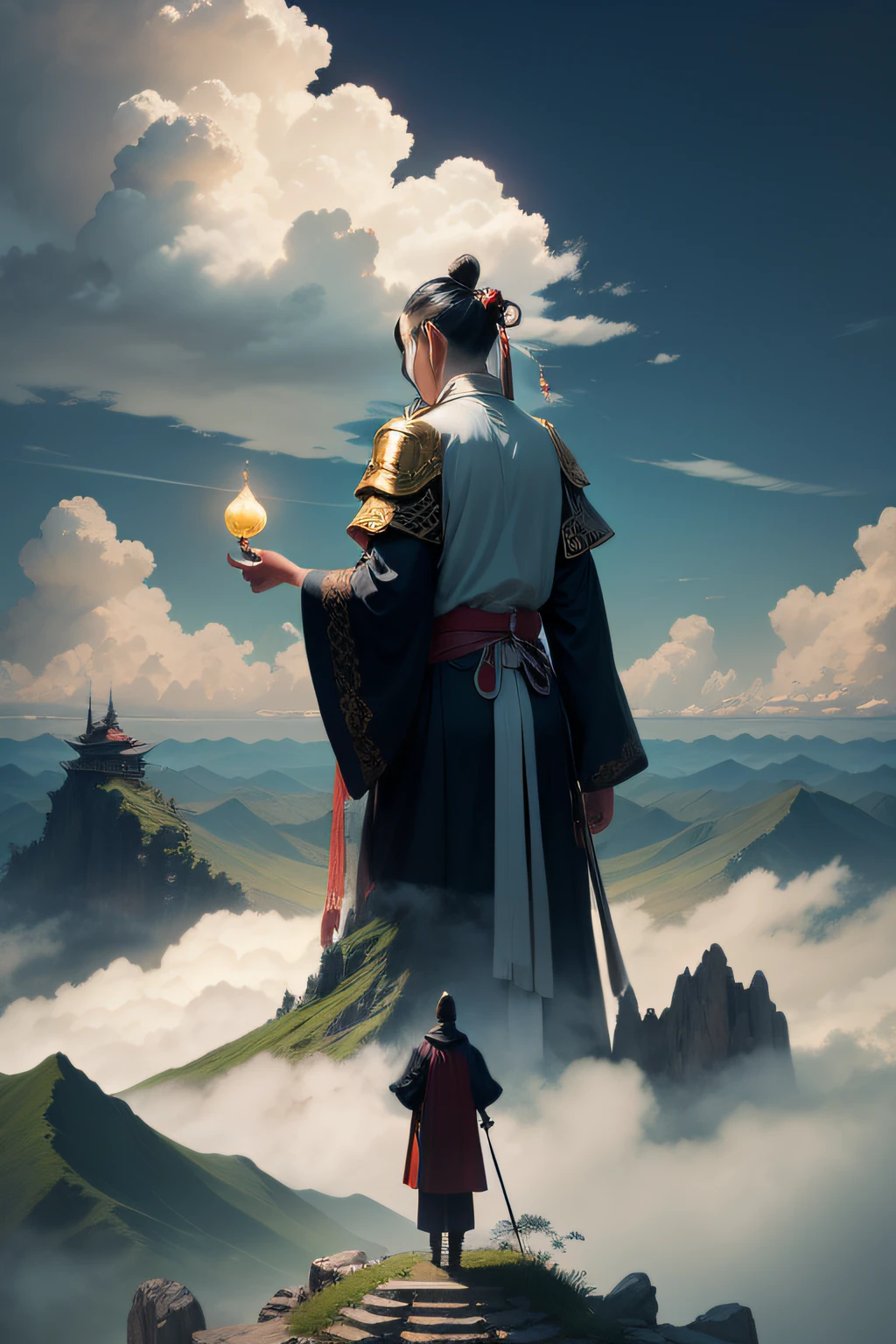Immortal Warlock，A figure stands in front of a golden Taoist priest。Immortal Mountain Cloud Sea