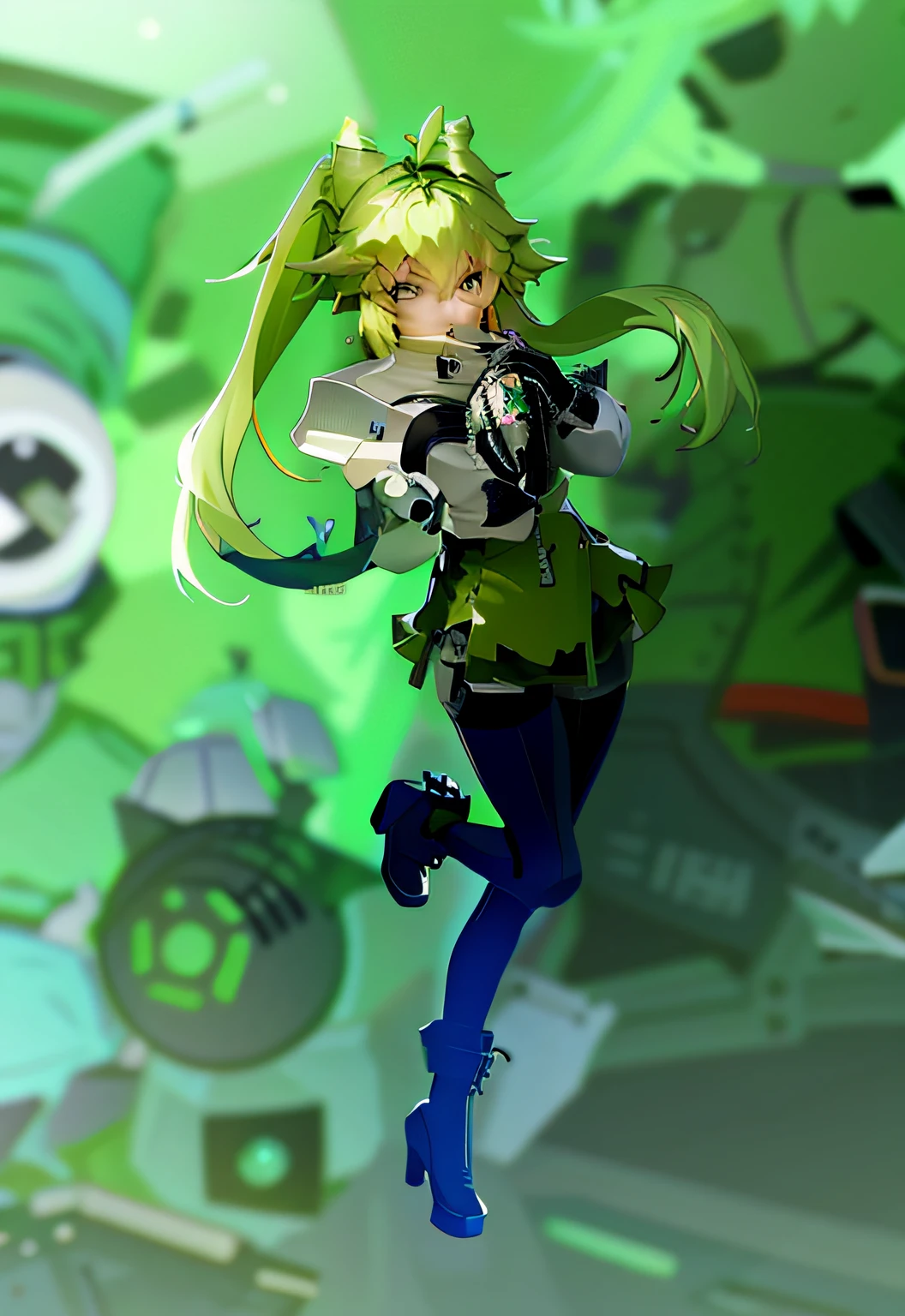 anime figure，Green outfit，Poster style