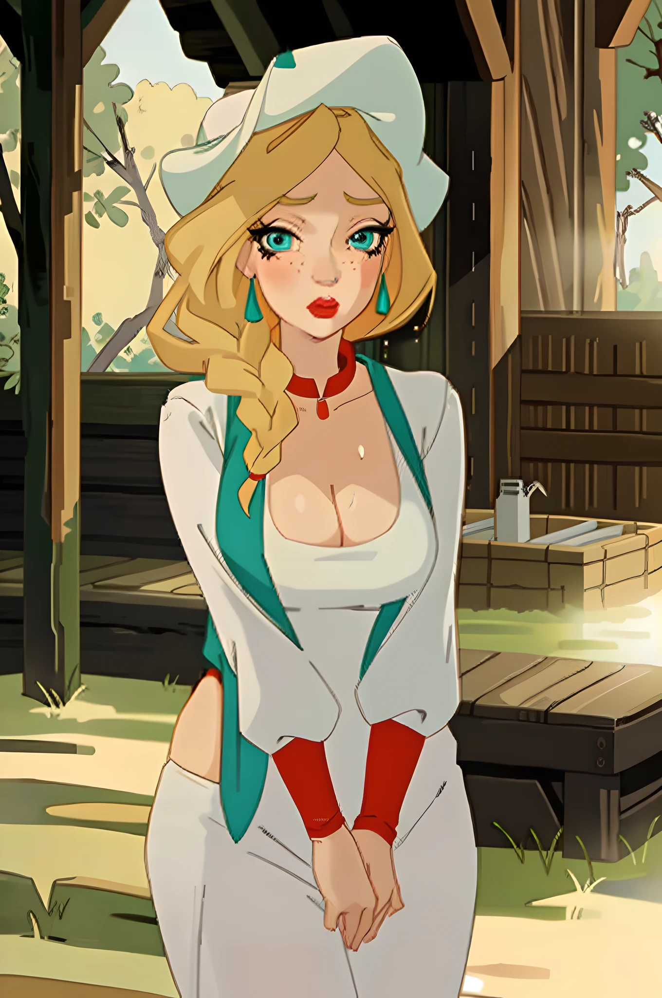 (masterpiece, best quality, 1girl:1.2, solo:1.3, illustration), nastasya, makeup, lipstick, freckles, red lips, long braid, blond hair, turquoise eyes, cowboy shot, looking at viewer, droplets of sweat, sauna, cleavage, flirting, modest, large breasts, large hips,