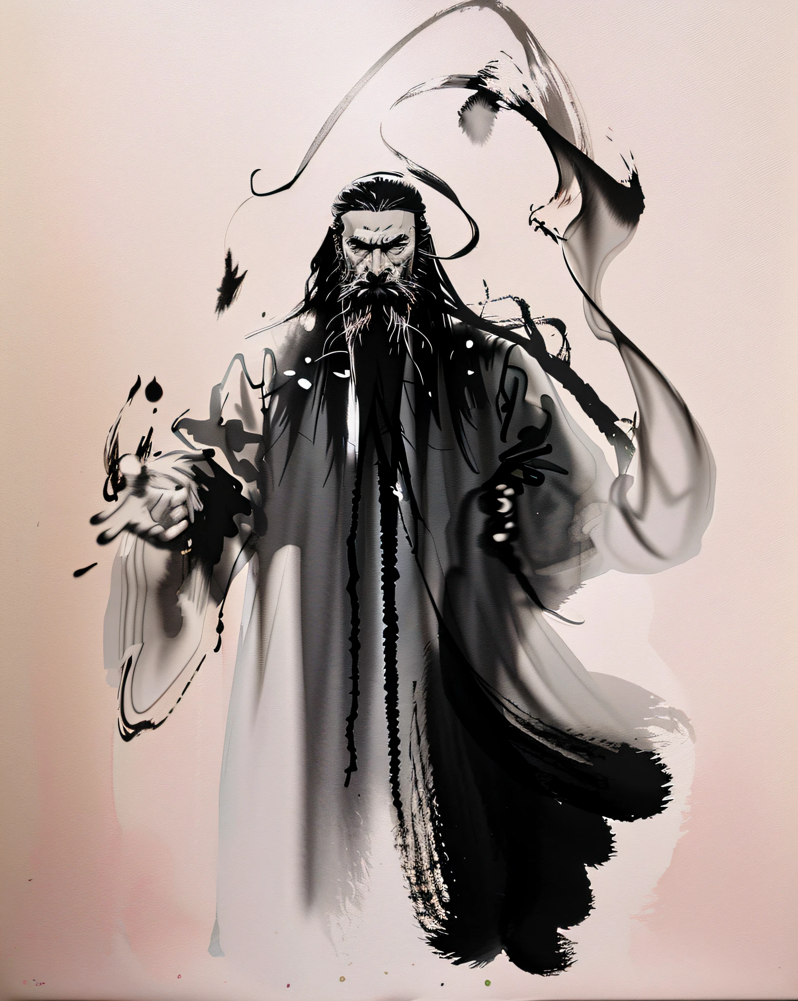 zydink, monochrome, ink sketch, 1boy, asian (middle age man), (long beard, facial hair), fighting stance, looking at viewer, long hair, floating hair, hanfu, chinese clothes, long sleeves, (abstract ink splash:1.2), white background