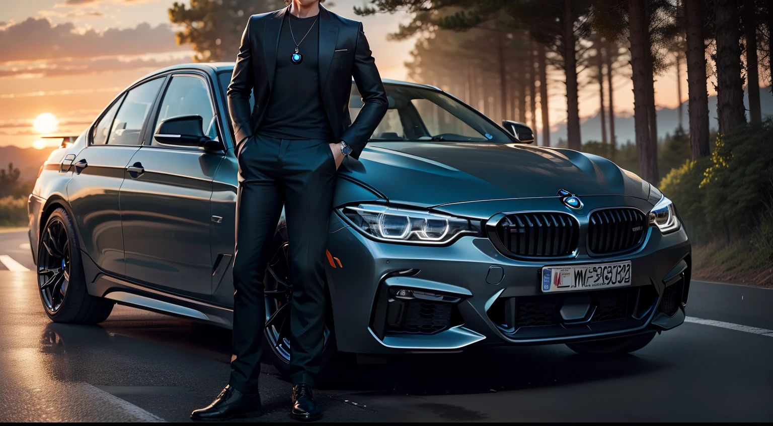 (BMW) A car with a stylish boy standing in front of it, curly hair, clear face, handsome eyes, sunglass background forest, sunset, cinematic sky, boy looking at the sky, cinematic expression,Masterpiece, realistic face, cinematic black car