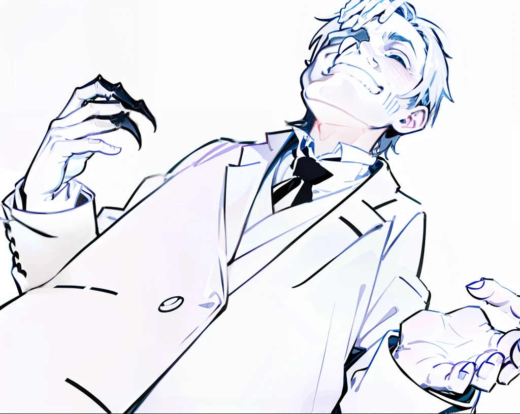 Look up from below at a man in a suit,The man looked grim。。,The hands are claw-shaped,Lens distortion and exaggeration