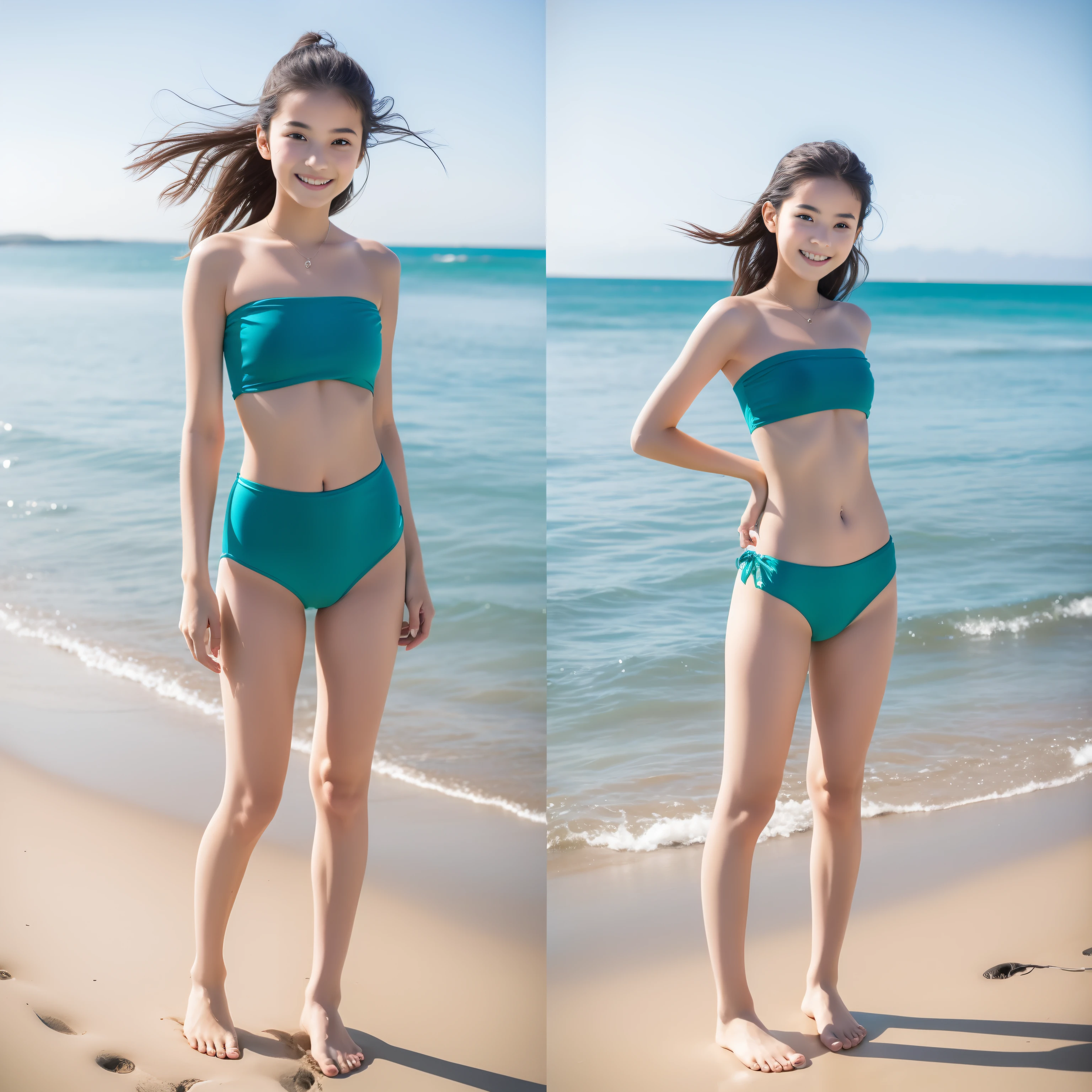 tmasterpiece，Need，ssmile，Standing，A 14 year old girl in a bandeau top by the sea，Colorful swimsuit，Thin，Bigchest，long leges，Barefoot