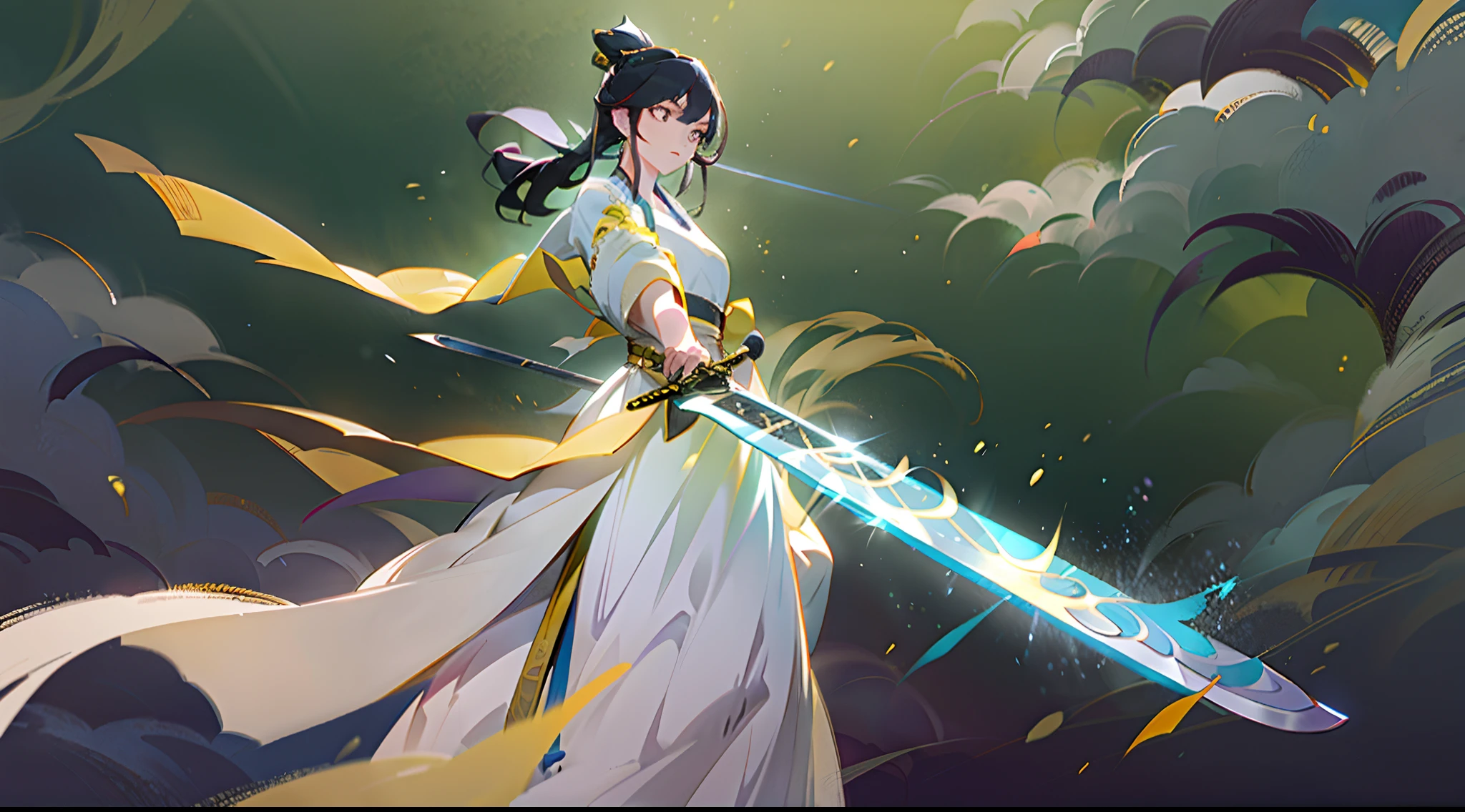 A Chinese female swordsman, wearing a white Hanfu, with a yellow desert in the background, the female swordsman is floating in the air with a long sword in her hand, the purple sword stabs forward, and the sword energy swirls in the light. Infinite Swordsmanship, Tyndall Effect, Glow Effect, Anime Art Style, Romantic Landscape, Meticulous Brushwork, Realistic Pop, New School Beast, Knolling, 8k.