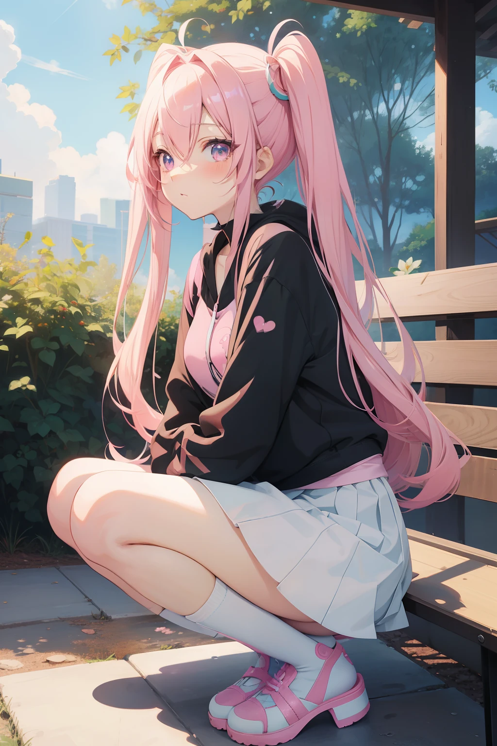 Anime girl with pink hair sitting on a bench with legs crossed, anime moe art style, made with anime painter studio, the anime girl is crouching, soft anime illustration, Smooth Anime CG Art, Flat anime style shading, painted in anime painter studio, beautiful anime girl squatting, pink twintail hair and cyan eyes, Cute anime girl