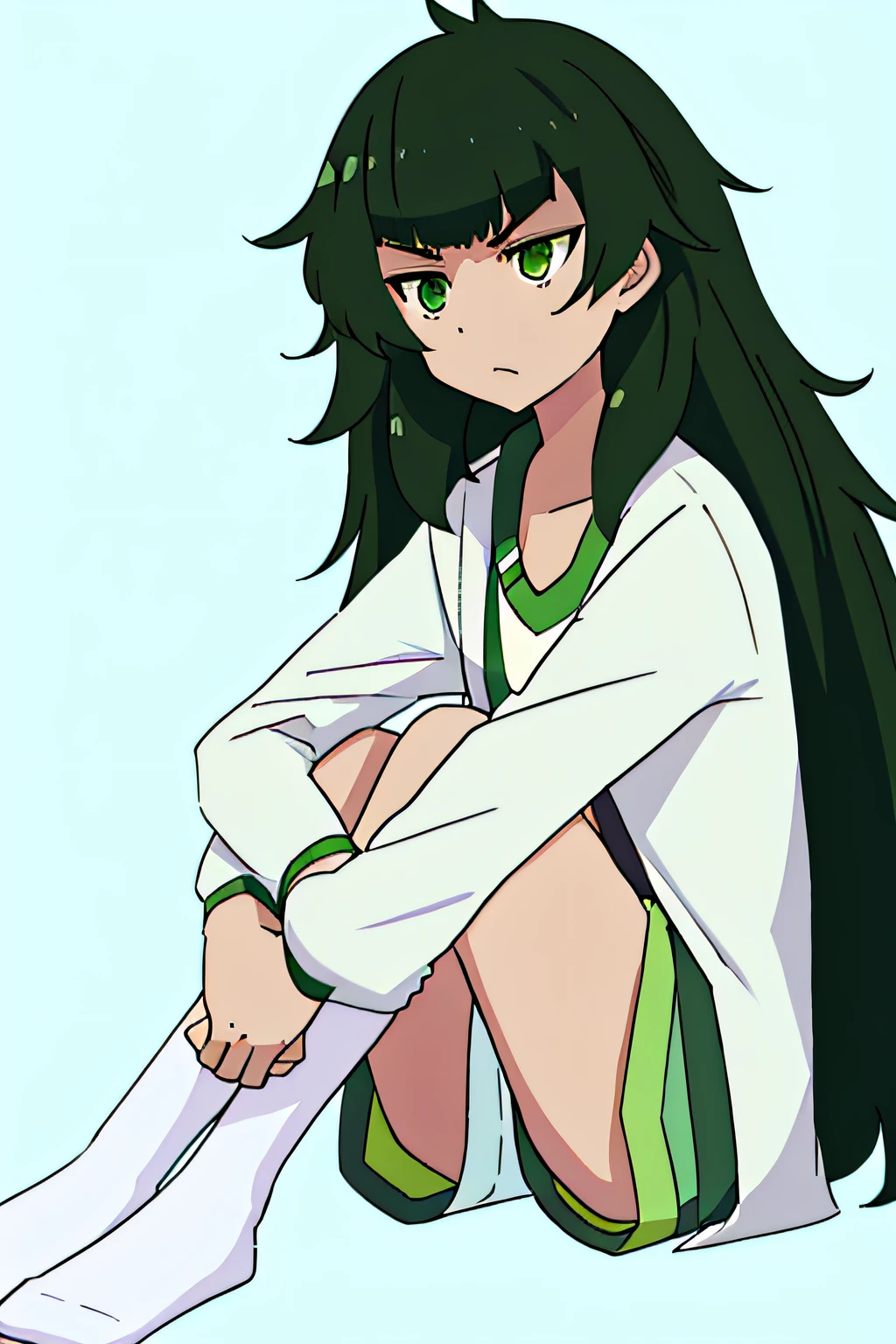 Best quality, Masterpiece, 1girll, Solo, maho, Messy hair, bangs, Dark green hair, Green eyes, full bodyesbian, labcoat, Shorts, T-shirt, Sitting, facingviewer, Socks,