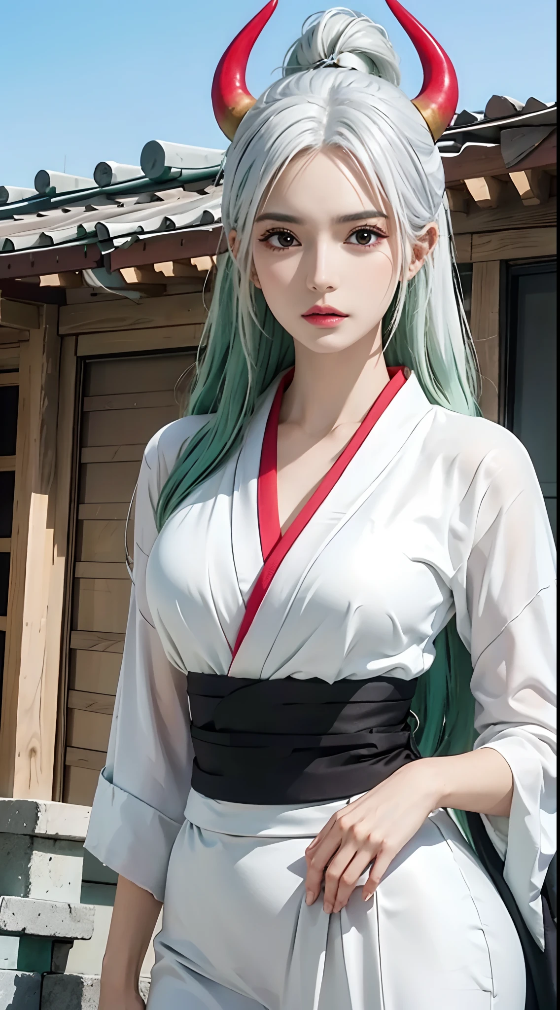 photorealistic, high resolution, 1women, solo, hips up, look at viewer, (detailed face), yamato_5000, white hair, green hair, gradient hair, horns, wanostyle, kimono