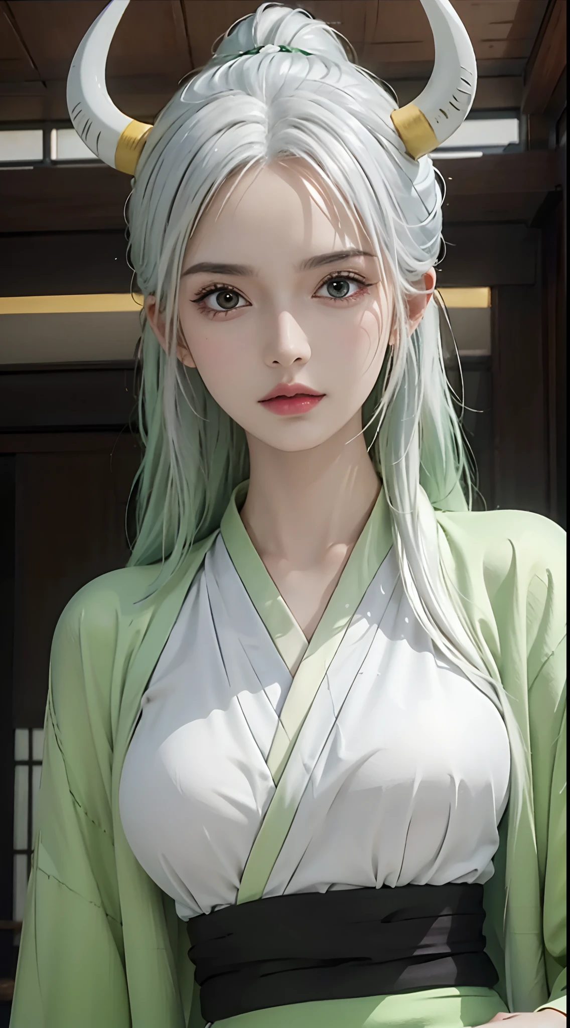 photorealistic, high resolution, 1women, solo, hips up, look at viewer, (detailed face), yamato_5000, white hair, green hair, gradient hair, horns, wanostyle, kimono