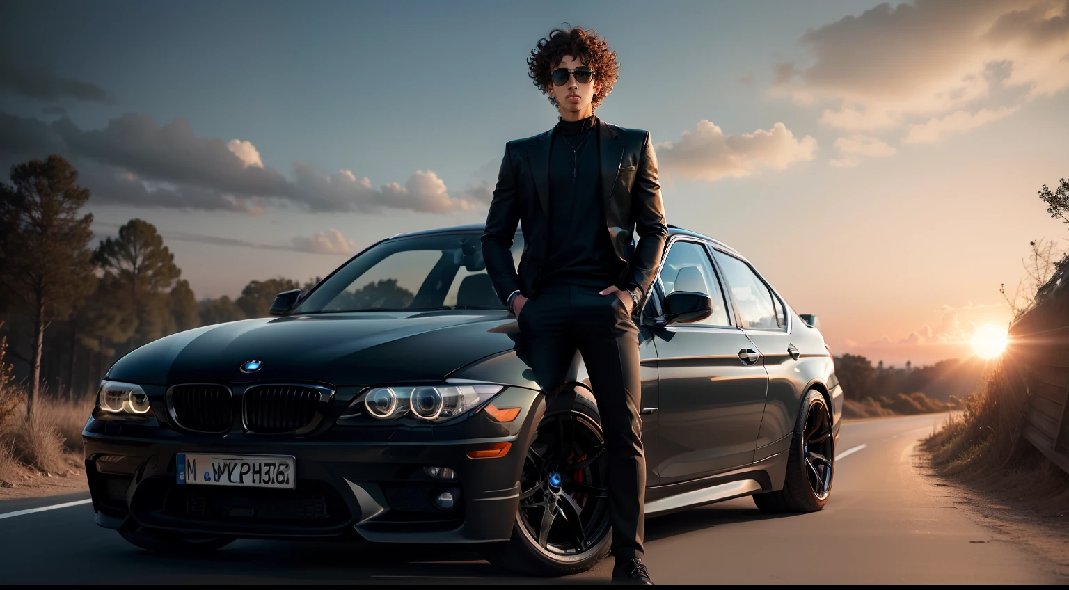 (BMW) A car with a stylish boy standing in front of it, curly hair, clear face, handsome eyes, sunglass background forest, sunset, cinematic sky, boy looking at the sky, cinematic expression,Masterpiece, realistic face, cinematic black car