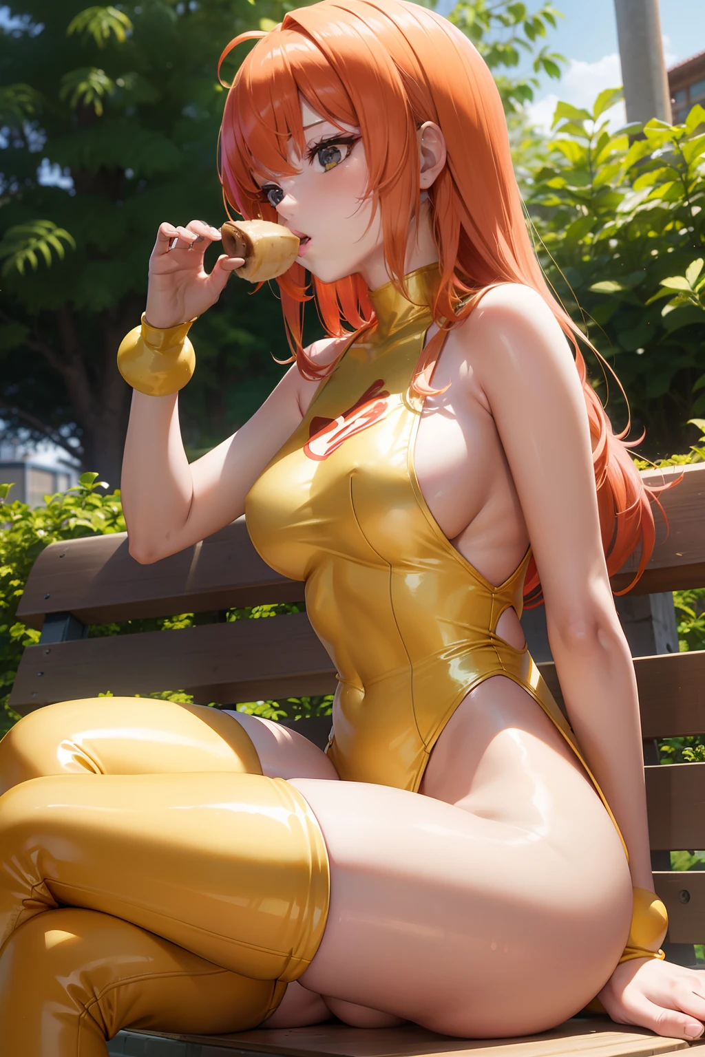 There is a woman sitting on a bench eating a banana, a human-like juicy banana, Ayaka Cosplay, banana and goma style, leeloo outfit, she is easting a banana, momo, by Kentaro Miura, real life anime girl, Asuka, Asuka Langley Souryu, Asuka Langley Soryu、Insert a banana in your cont