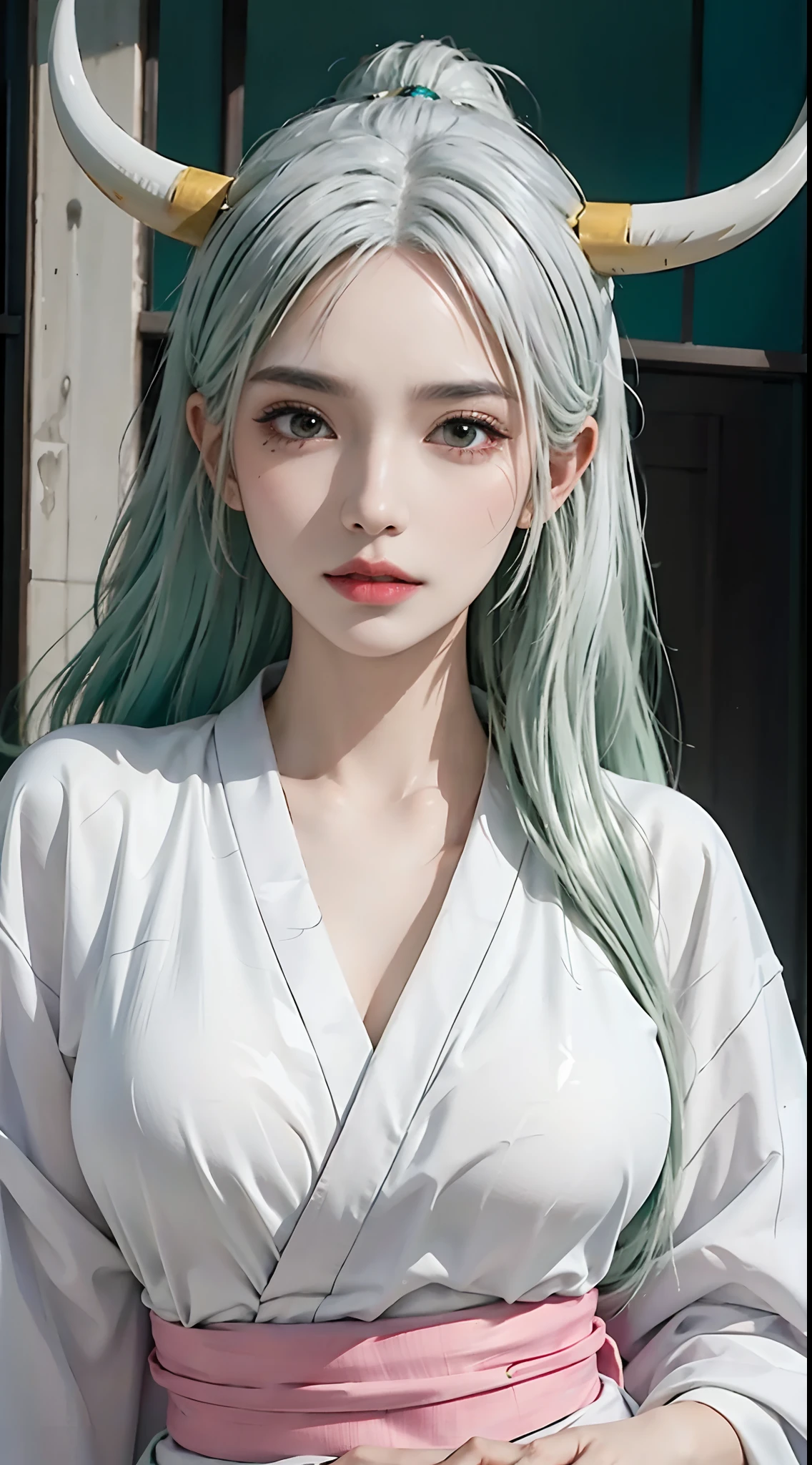 photorealistic, high resolution, 1women, solo, hips up, look at viewer, (detailed face), yamato_5000, white hair, green hair, gradient hair, horns, wanostyle, kimono