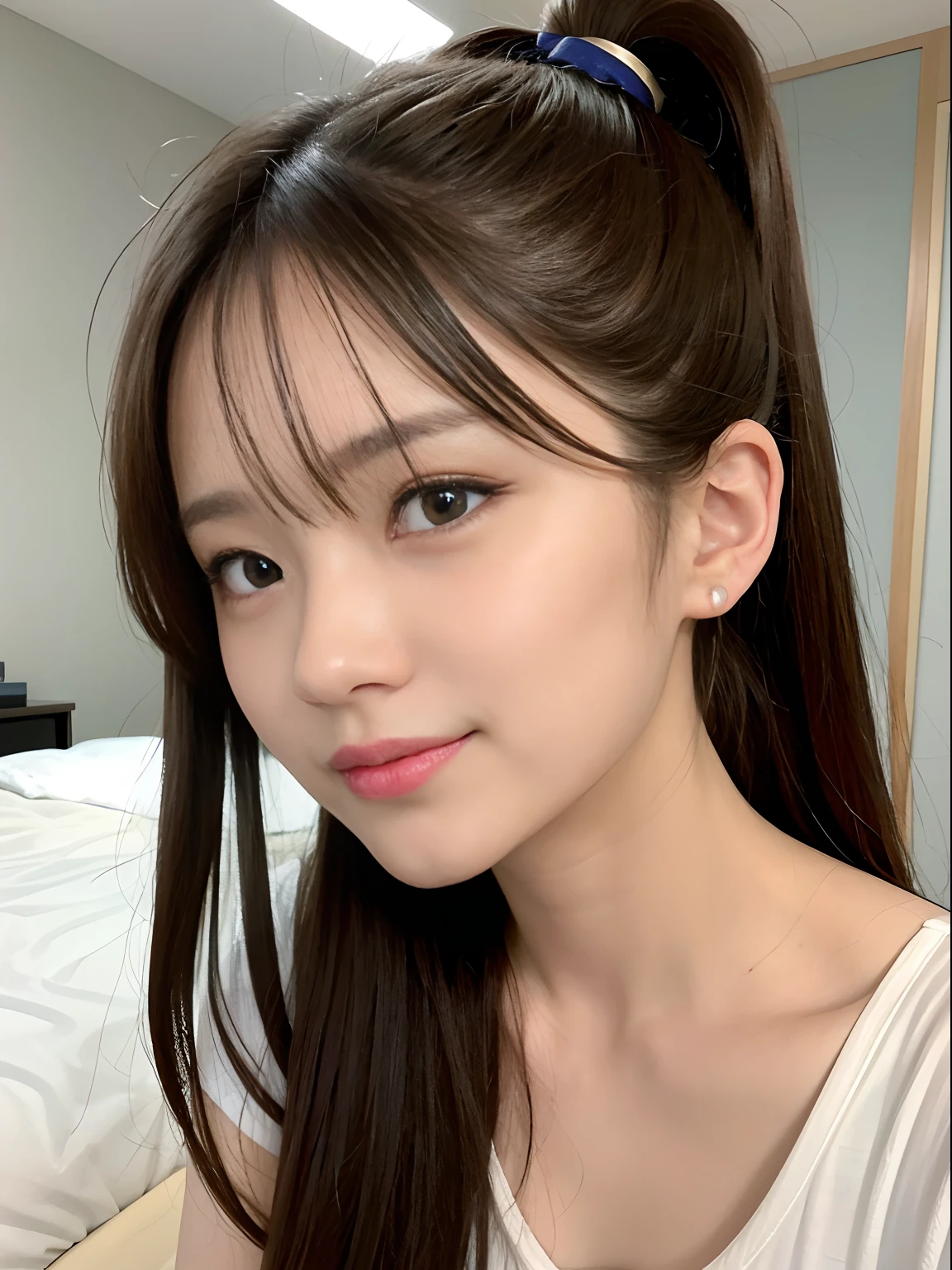 in 8K、top-quality、​masterpiece、ultra-detailliert、超A high resolution、profetional lighting、1 girl of 20 years、portlate、Short ponytail、Scrunchie、Put your ears out、Tear bag、二重まぶた、Gentle eyes、azure eyes、耳Nipple Ring、A slight smil