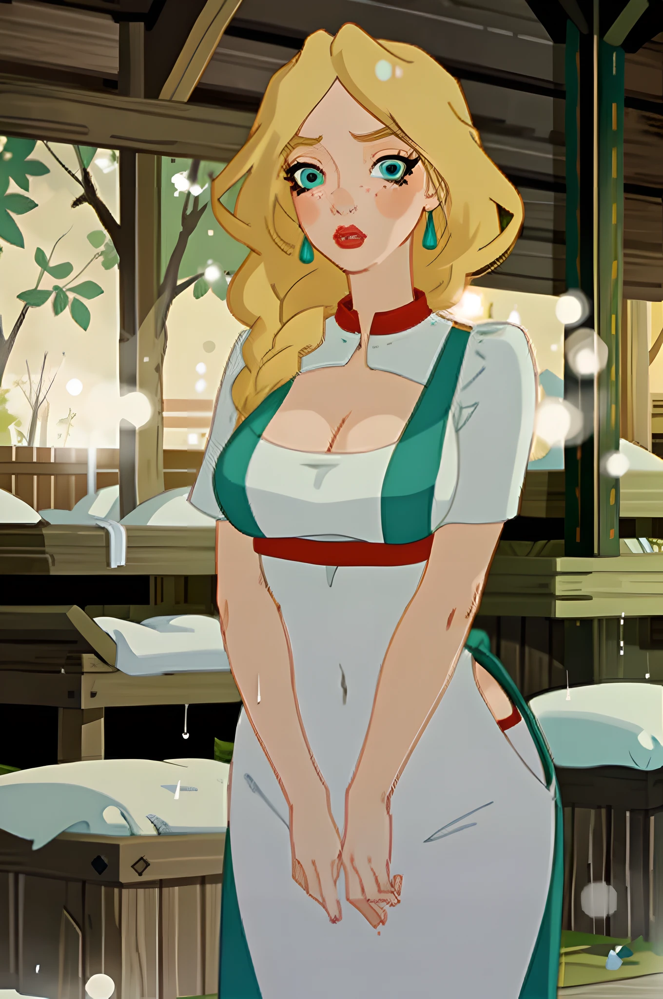 (masterpiece, best quality, 1girl:1.2, solo:1.3, illustration), nastasya, makeup, lipstick, freckles, red lips, long braid, blond hair, turquoise eyes, cowboy shot, looking at viewer, droplets of sweat, sauna, cleavage, flirting, modest, large breasts, large hips,