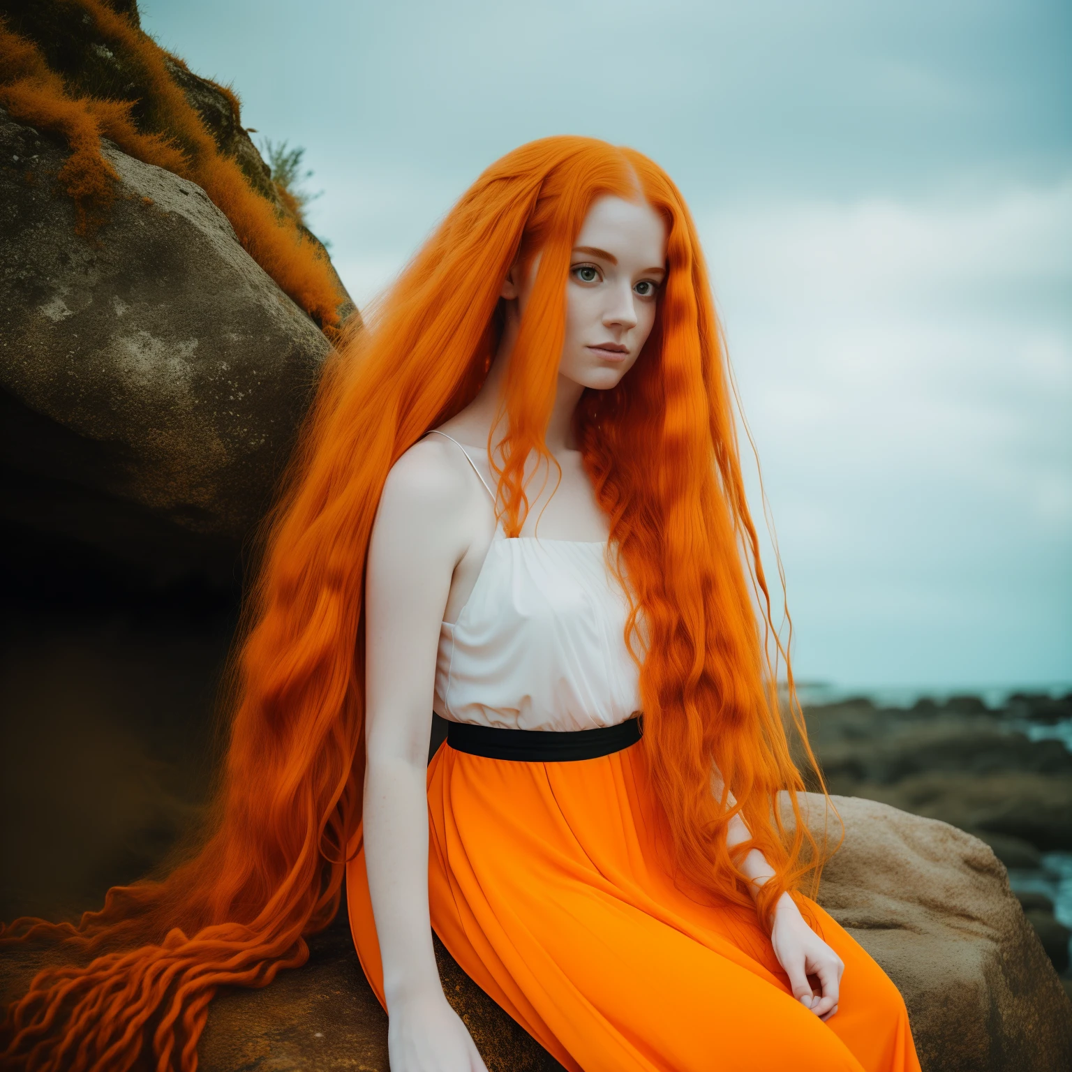 arafed woman with orange hair and a white dress sitting on a rock, orange hair, bright orange hair, long orange hair, very long orange hair, she has long redorange hair, fairycore, long wavy orange hair, orange glowing hair, she looks like a mix of grimes, orange skin and long fiery hair, lily frank, the hime cut