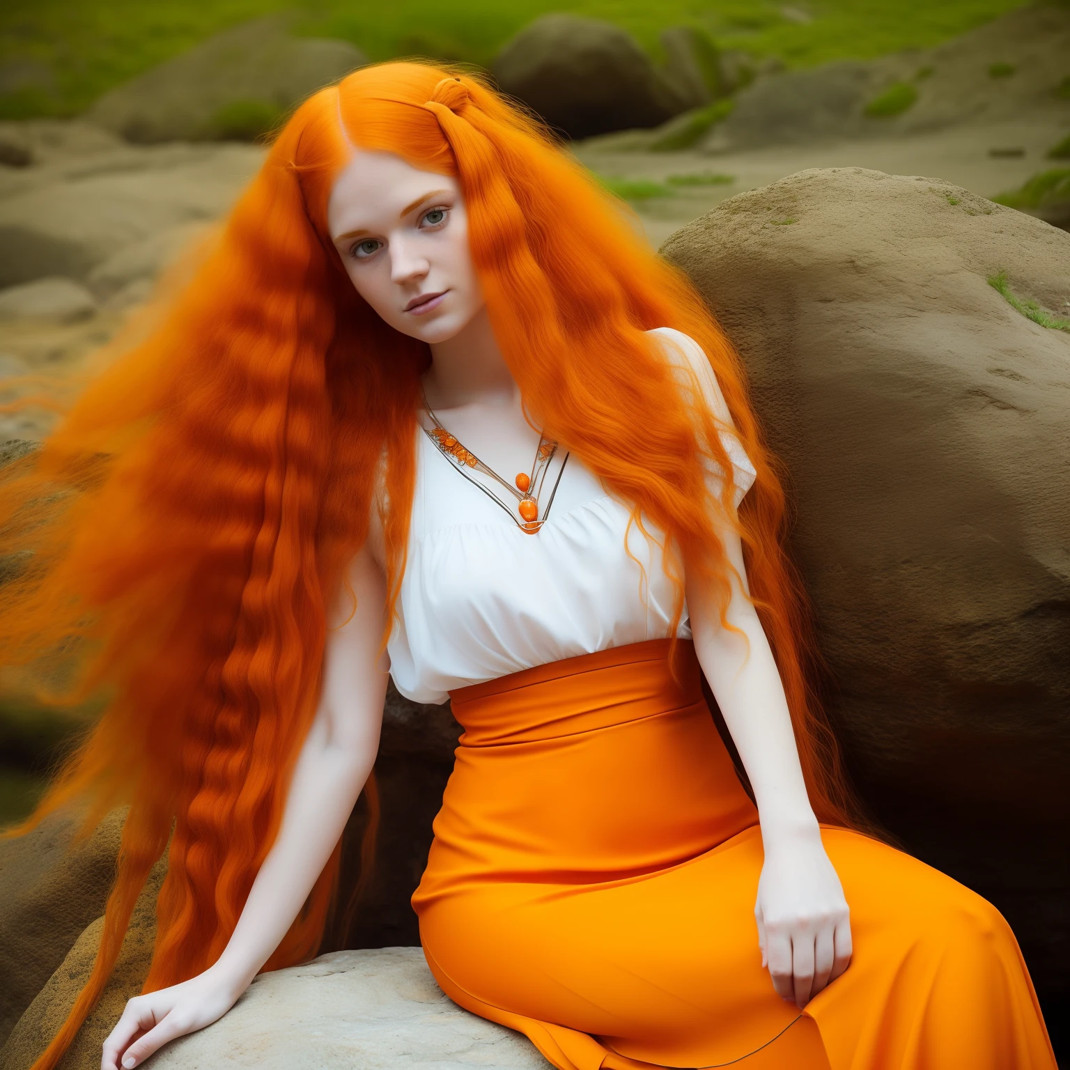 arafed woman with orange hair and a white dress sitting on a rock, orange hair, bright orange hair, long orange hair, very long orange hair, she has long redorange hair, fairycore, long wavy orange hair, orange glowing hair, she looks like a mix of grimes, orange skin and long fiery hair, lily frank, the hime cut