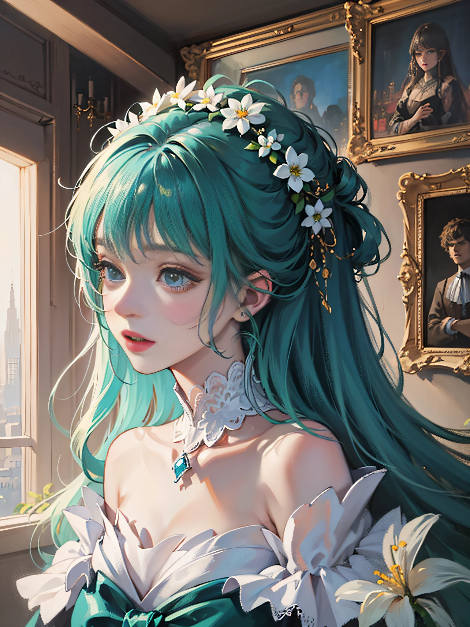 A lovely beautiful girl,lovely and delicate,Peerless beauty,Delicate hair accessories,pitying,(messy hair),Costume in lace,Supple skin,Fashionab,A delicate painting,Clover hairpins,Blue,Ultra-high image quality,8K,depth of fields,(Macro lens),Ambient lighting,high light,Upper body animation style,Comics,High quality above the waist