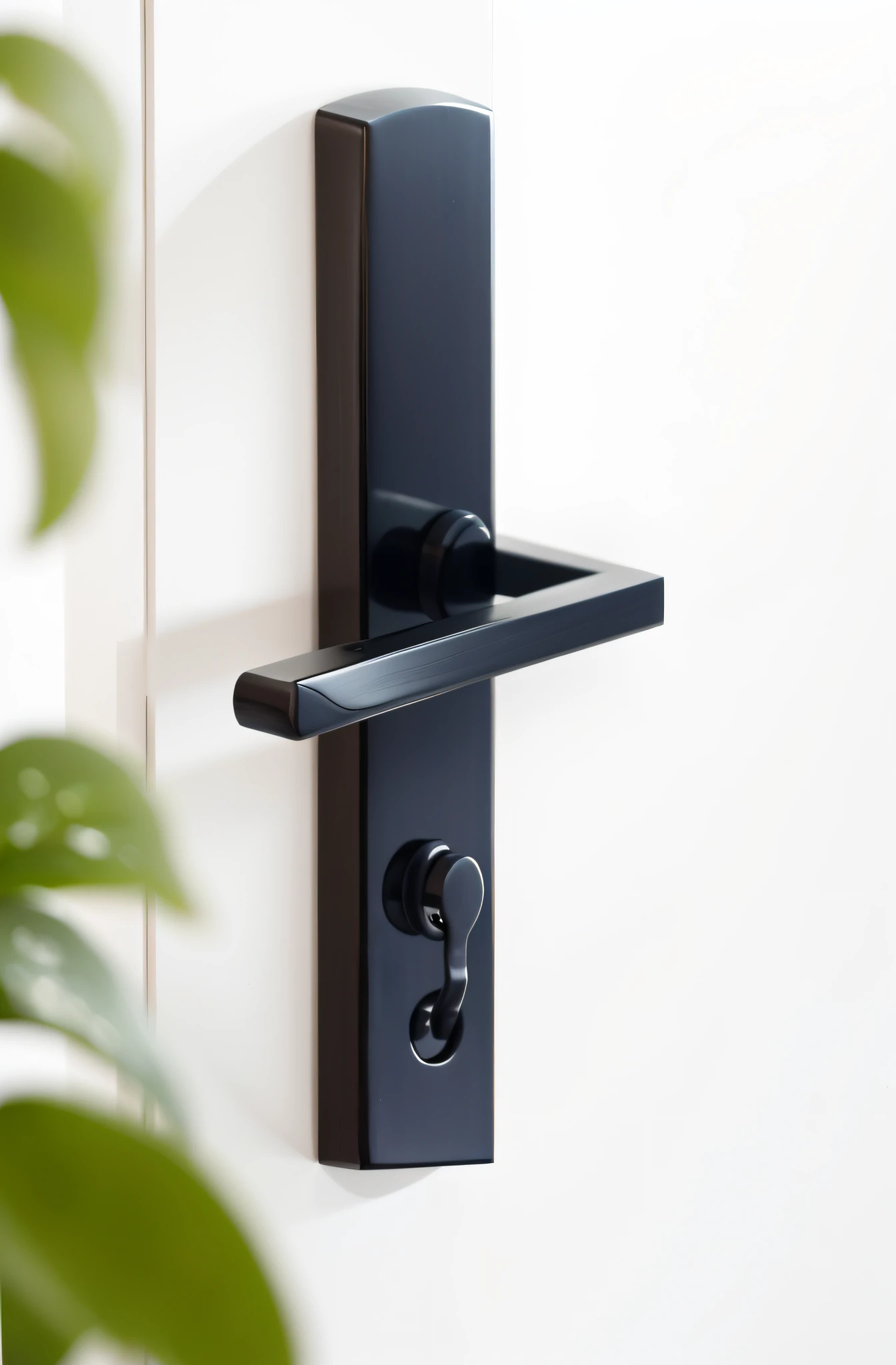plants in foreground,Watch a close-up of the doorknob on the door, exquisite handle, Modern details, Metal credit, Metal key for the door, medium close up shot, high angle close up shot, levers, blurred detail, Hand on the doorknob, Door, Meticulous detail, detailed zoom photo, smooth detailed, exquisite and smooth details, crisp smooth clean lines