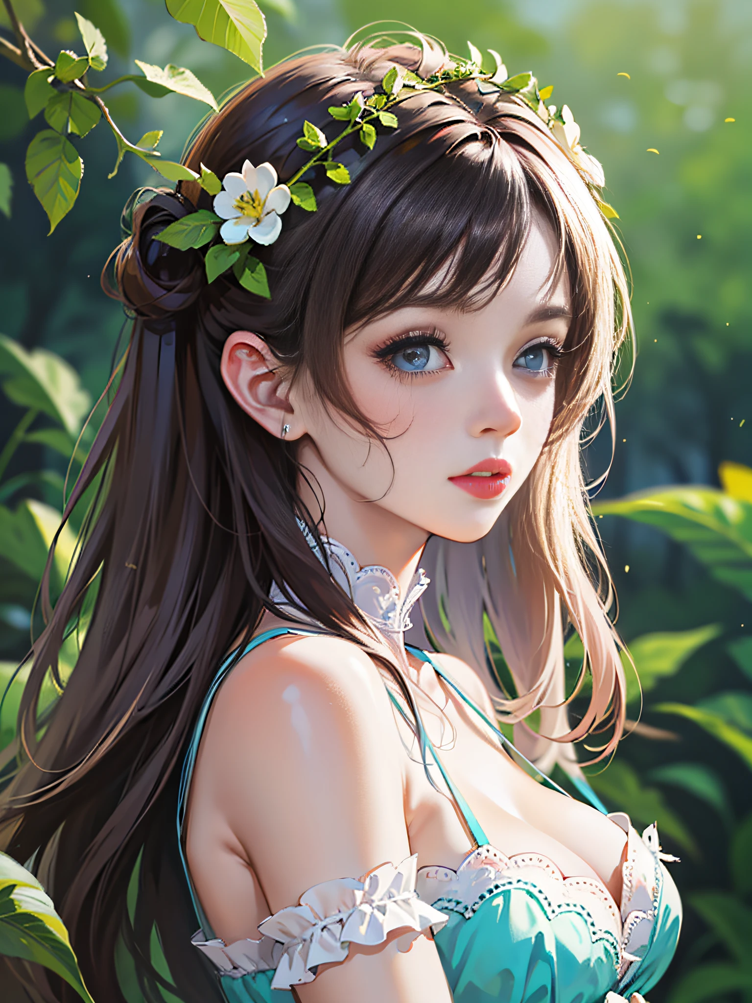 A cute and beautiful girl,lovely and delicate,Peerless beauty,Delicate hair accessories,pitying,(messy hair),lacy clothing,Supple skin,Fashionab,A delicate painting,Clover hairpins,Blue,Ultra-high image quality,8K,depth of fields,(Macro lens),Ambient lighting,high light,Upper body animation style,Comics,High quality above the waist