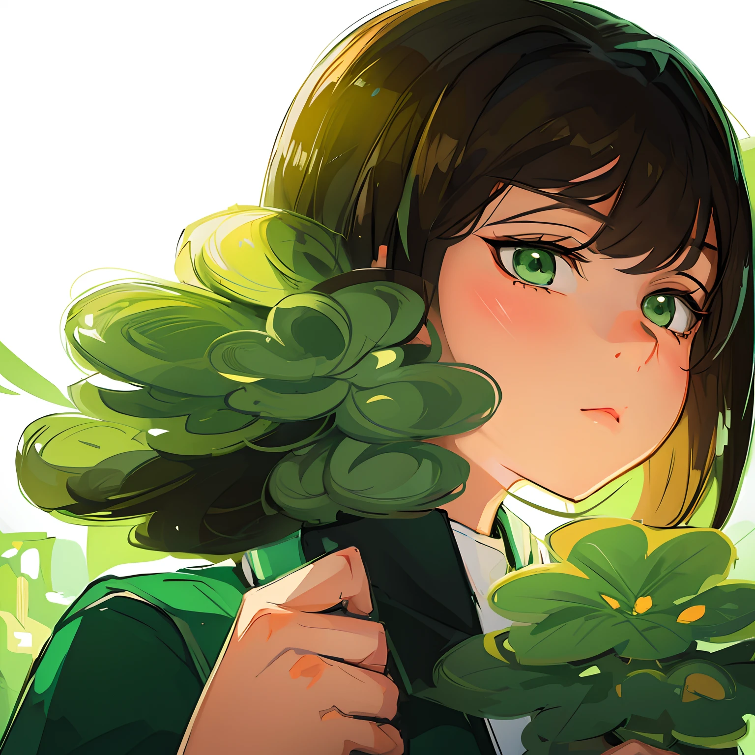 anime girl holding a green tree in front of her face, in an anime style, high quality fanart, flat anime style shading
