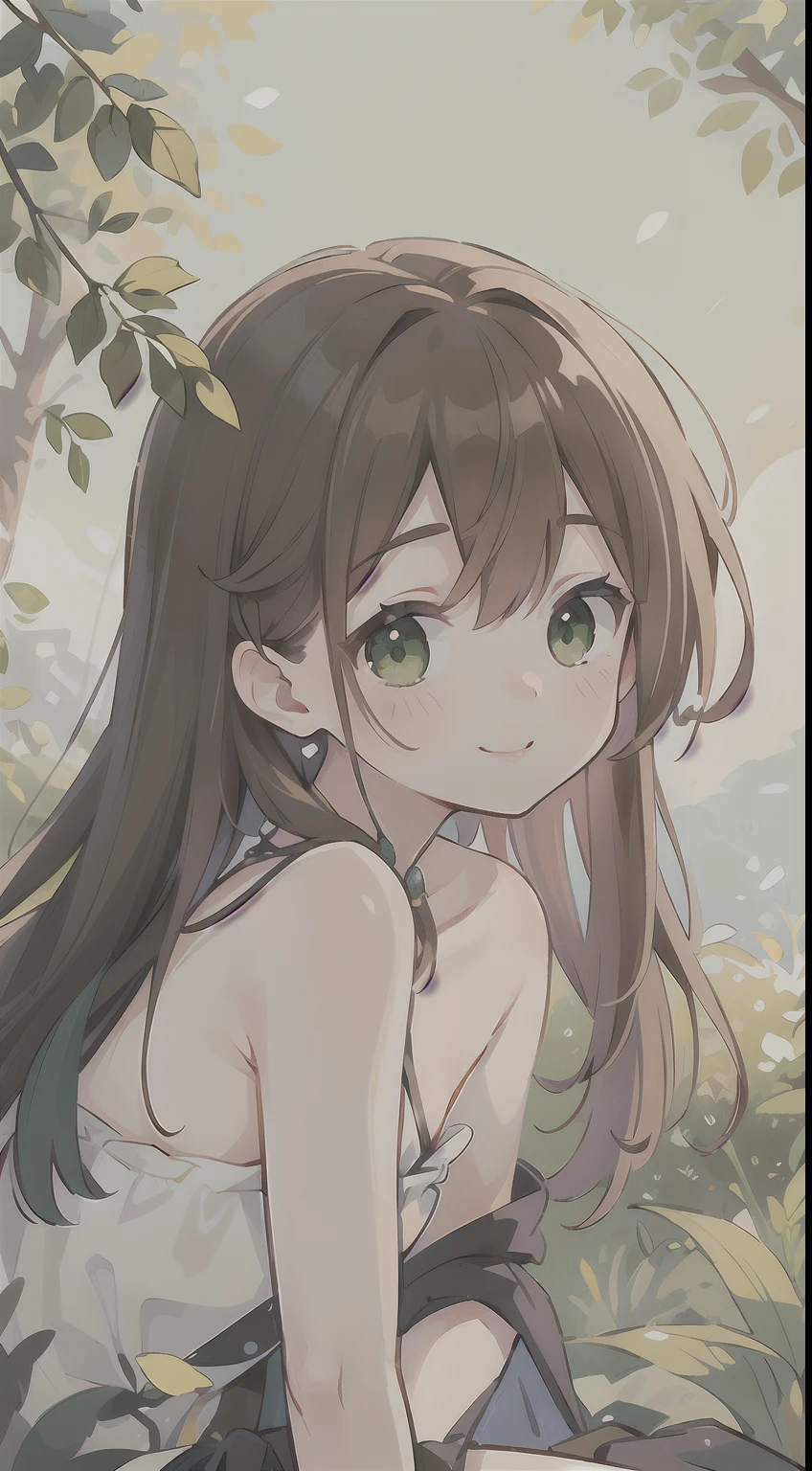 (masterpiece), best quality, beautiful detailed hair detailed face, ultra high res, sharp focus, ((1 woman, solo)), perfect feminine face, very stunning woman, (dressless:1.3), upper body, low angle, sitting on the grass, leaf, forest, looking at the viewer, smiles, chesnut brown hair, ((flowing messy long hair)), ((beautiful almond shape eyes, green eyes))