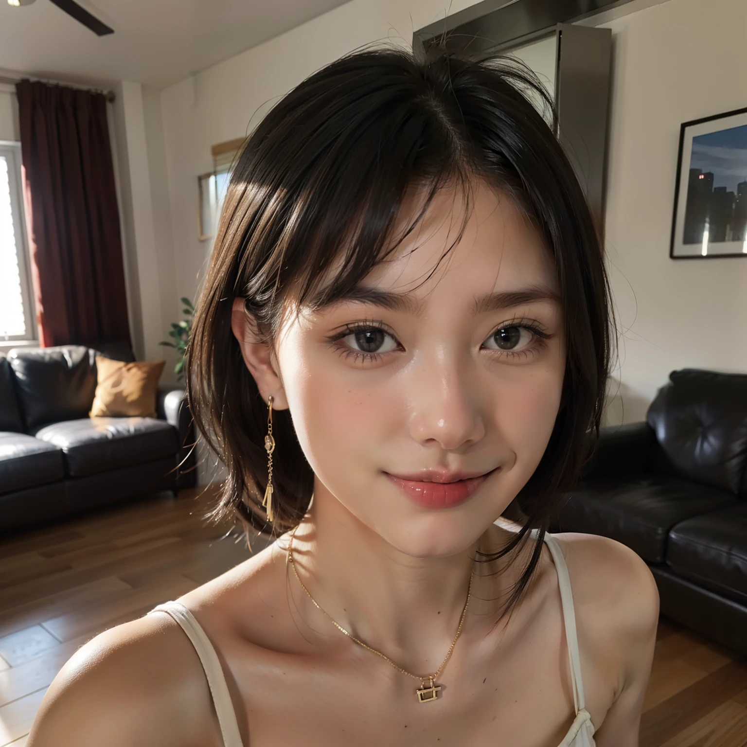 masterpiece,masterpiece, top quality, best quality, realistic, unity, 8k wallpaper, official art, extremely detailed CG unity 8k wallpaper, ulzzang-6500, (original: 1.2), (realistic: 1.4), ultra detail, high resolution, ultra detailed,amazing, fine detail, cinematic lighting,
(1girl:1.4 ), (brown|black hair:1.4), medium hair, (realistic skin:1.2), (light brown skin:1.2),(small breasts), beautiful girl with beautiful details, extremely detailed eyes and face, eyes with beautiful details, huge file size, ultra detailed and beautiful, blushing, ashamed,(smile:1.2), black eyes, model shoot tyle, full body shoot, (random color lace underwear), earings, chain necklace, loft apartment, living room, (almost empty room),