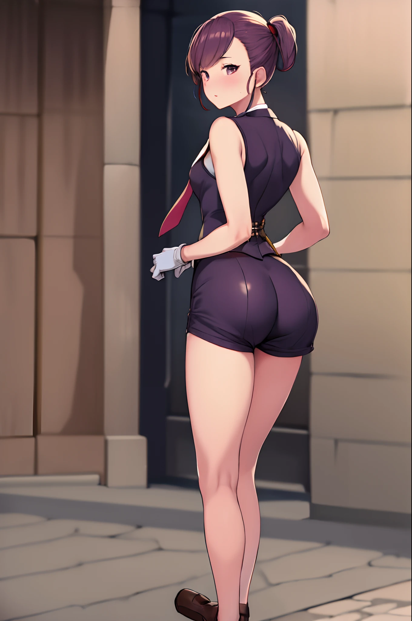 masterpiece, best quality, highres, mujina, solo, white gloves, necktie, purple shorts, short necktie, corset, purple necktie, light brown hair, short shorts, sleeveless, bangs, from behind, ass, standing, street, outdoors, surprised,