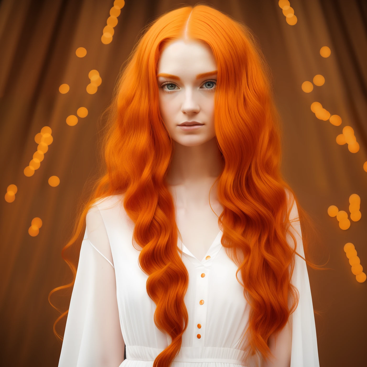 arafed woman with orange hair and a white dress standing, orange hair, bright orange hair, long orange hair, very long orange hair, she has long redorange hair, fairycore, long wavy orange hair, orange glowing hair, she looks like a mix of grimes, orange skin and long fiery hair, lily frank, the hime cut