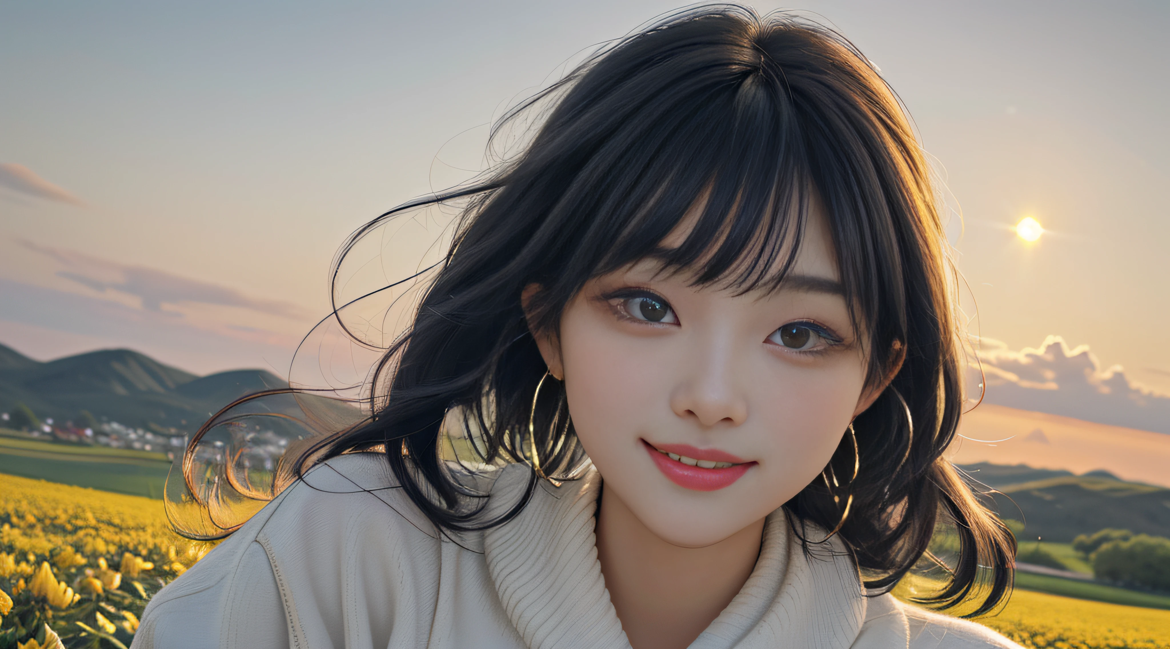On a summer afternoon，sky with many clouds，The sun shines warmly through the clouds。Under this cinematic lighting，A beautiful woman appears in the center of the picture with youth。Her facial features are delicate and perfect，Eyebrows upturned，Heterochromic pupils sparkle，It seems to have the magic of beautiful pupils。She wears a see-through outfit，It shows her slender figure and attractive curves。Hair over the shoulder，The colors of the rainbow hair shine in the sun，The bangs between her eyebrows brushed lightly across her forehead，Like a crescent moon hair ornament dotted her beautiful hairline。
She wears a pair of hoop earrings and stud earrings，The ribbon trim makes her even more cute。She wears an open-chested sweater，It shows her charming curves and purity。Her hands were open and straight，Facing the viewer，It's like embracing the whole world。She sits in a sea of gorgeous flowers，The petals gently fell around her，It creates a romantic and dreamy atmosphere。
By her side，Has a cute animal ear，Drooling critters，They played happily beside her，It adds a lively and playful atmosphere。The girl's seductive smile is heartwarming，Her beauty and cuteness are perfectly displayed in this picture。The whole scene seems to be a masterpiece，Rendered in ultra-high resolution 8K quality，Every detail is stunning。The scene is mesmerizing，It's like being in a fantastic world。