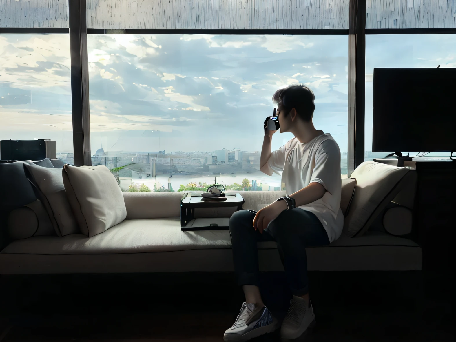 The Arafeld man sat on the couch in front of the window and made a phone call, chill time. Good view, inspired by Ding Yunpeng, Cai Xukun, Inspired by Zhang Han, relaxing after a hard day, sitting in a lounge, private moment, overlooking a modern city, inspired by Huang Gongwang, mid afternoon, morning time